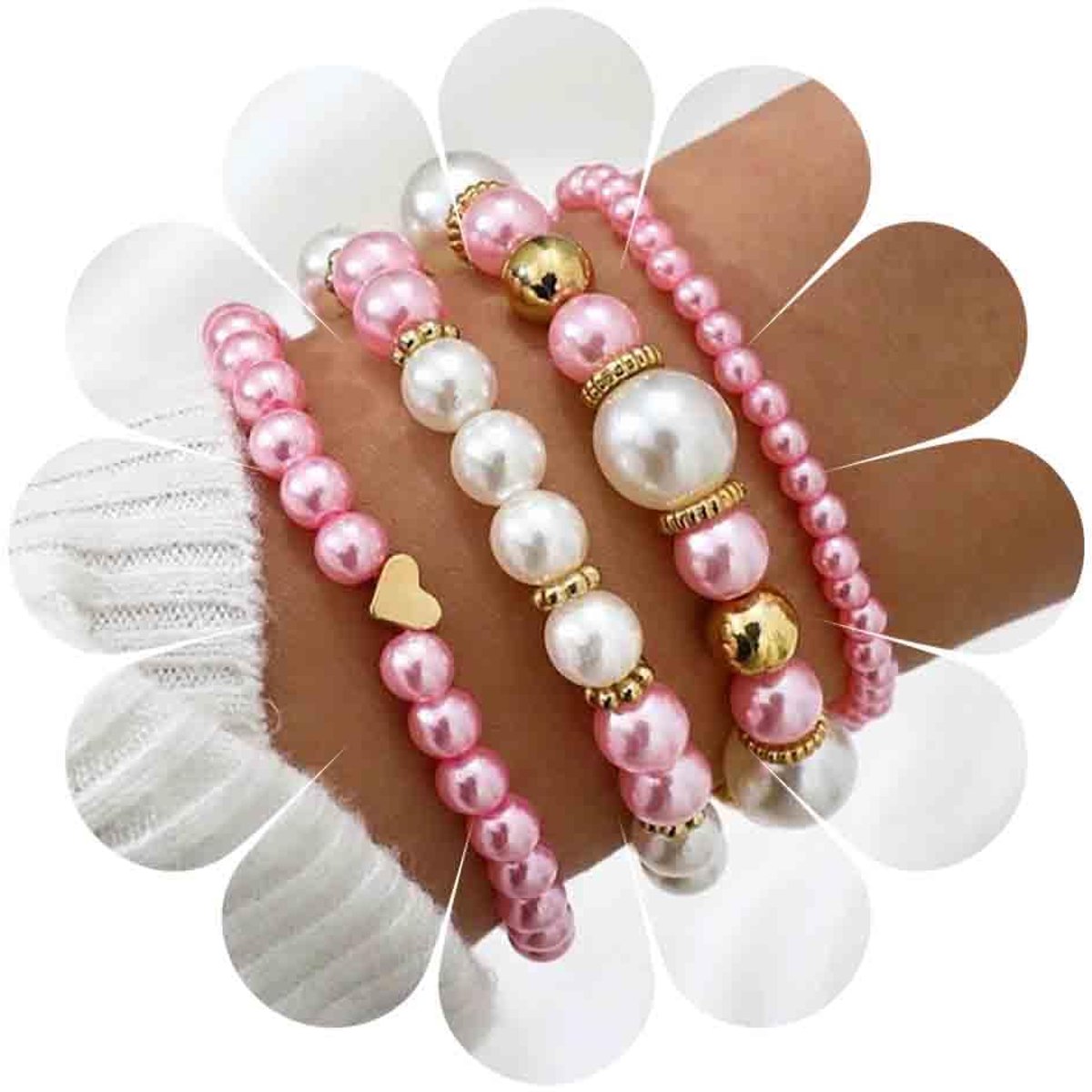 parelarmband, parels, stretch, elastische armbandset, witte parels, stapelbaar, parels, parels, hart, bol, handketting, meerlaags, armband, bruid, bruiloft, sieraden