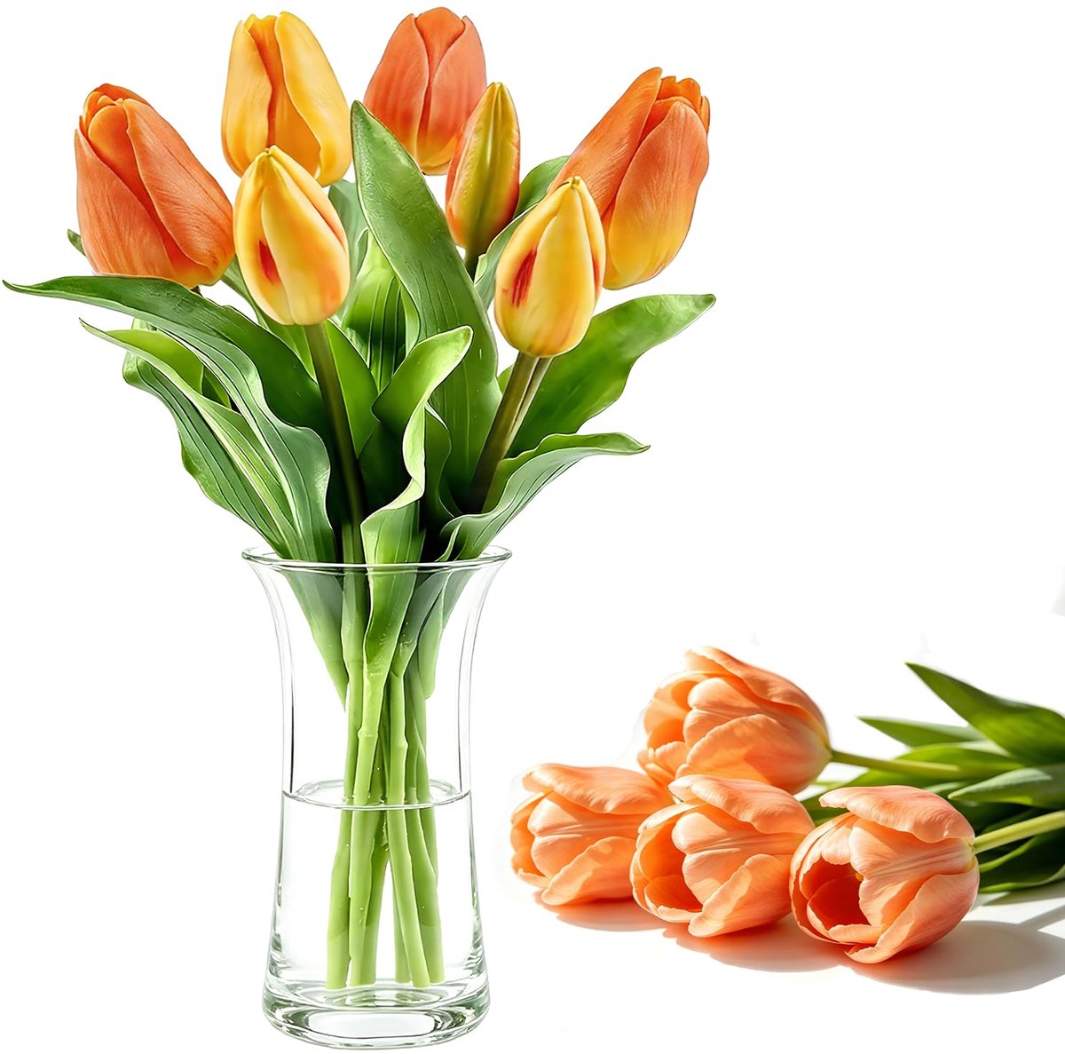 Kunsttulpen, oranje, 7 stuks, kunsttulpen, latex, hoogwaardige kunsttulpen met knoppen/bloemen, tulpen zoals echt voor doe-het-zelf, bruiloftsboeketten, Moederdag, woon-kamer, eettafel