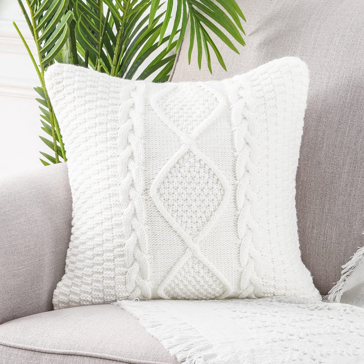 Katoenen gebreide witte kussenslopen 45 cm x 45 cm 18 x 18 inch decoratieve vierkante, zachte, gezellige outdoor kussenhoezen luxe moderne kussenslopen voor bank slaapbank woonkamer