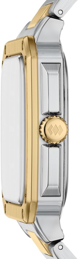 Zijanzicht van een zilverkleurig herenhorloge met gouden kast en kroon.