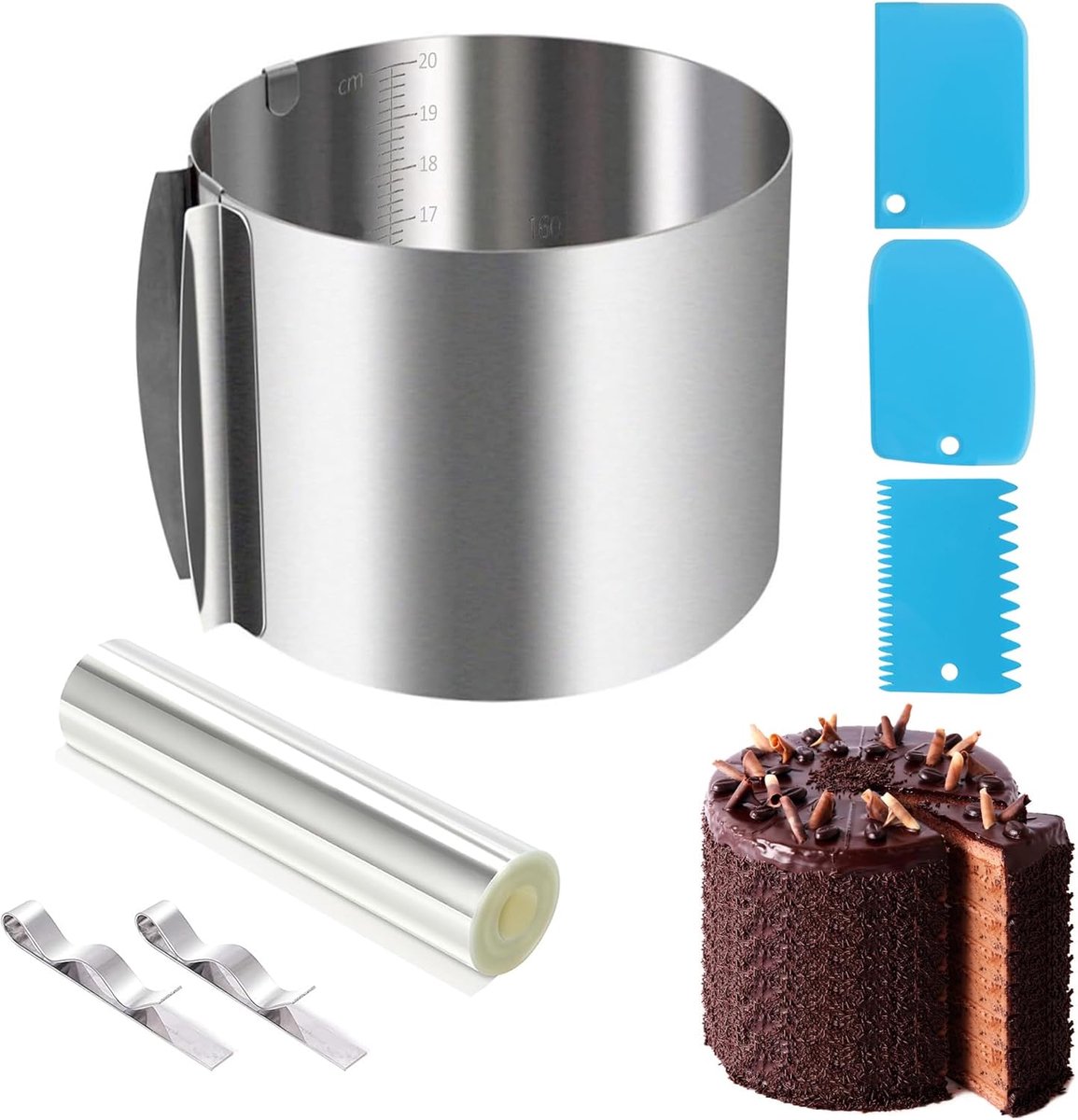 verstelbaar Rond Hoog 20 cm - Tortenring Roestvrijstalen Bakring Ø 16-30 cm Met Schaal,Stabiele Taartvorm,Bakframe om te Bakken en Te Decoreren,voor Ronde Desserts,Taarten