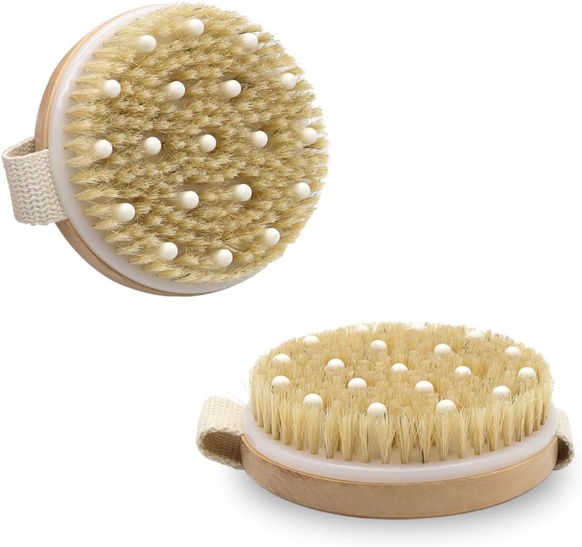 rond, 2 stuks, lichaamsborstels, 100% natuurlijke haren, middelzachte massageborstel, cellulitis voor het verwijderen van dode huid en cellulitis, lymfemassage