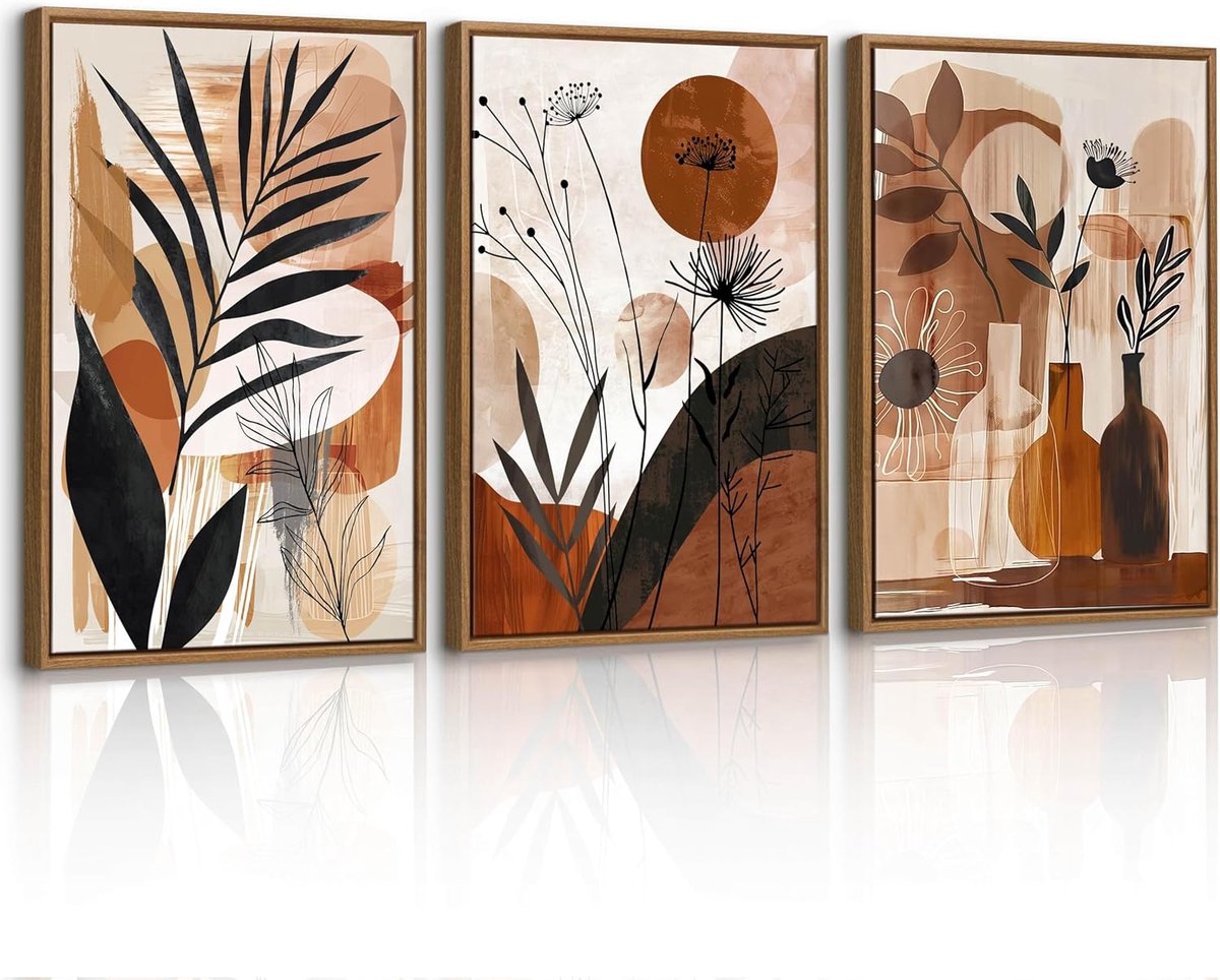 Set van 3 ingelijste doeken in boho-stijl met bruine botanische bladeren, minimalistische illustratie voor huisdecoratie voor slaapkamer, woonkamer, kantoor, 40 x 60 x 3 cm
