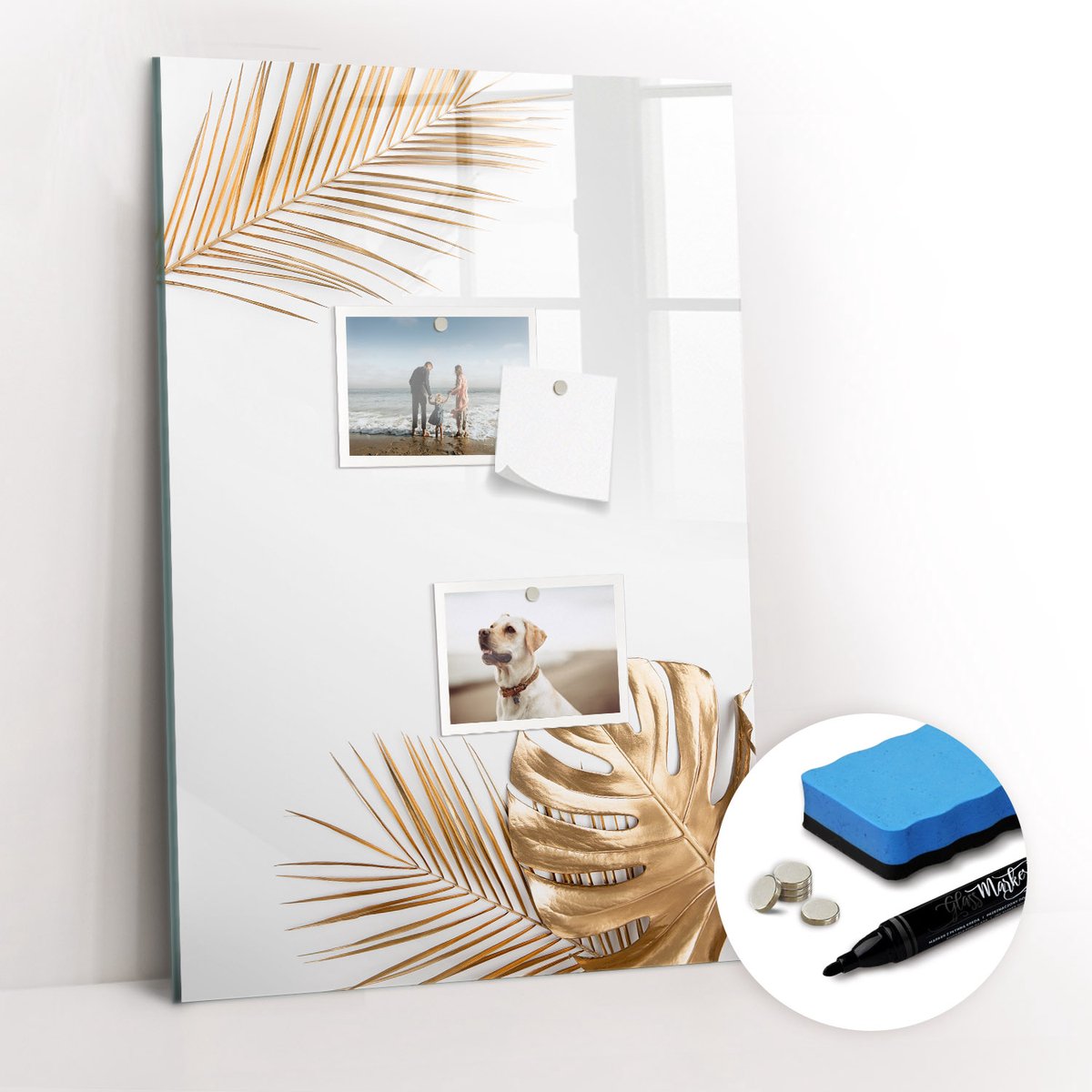 Tulup Whitebord - Gouden bladeren - 40 x 60 cm - Wit Magneetbord Design - Gratis 5 Sterke Magneten + Whiteboard Marker & Wisser - Decoratief Magnetisch Bord - Memo Magneetbord - Ideeënbord Thuiswerkplek