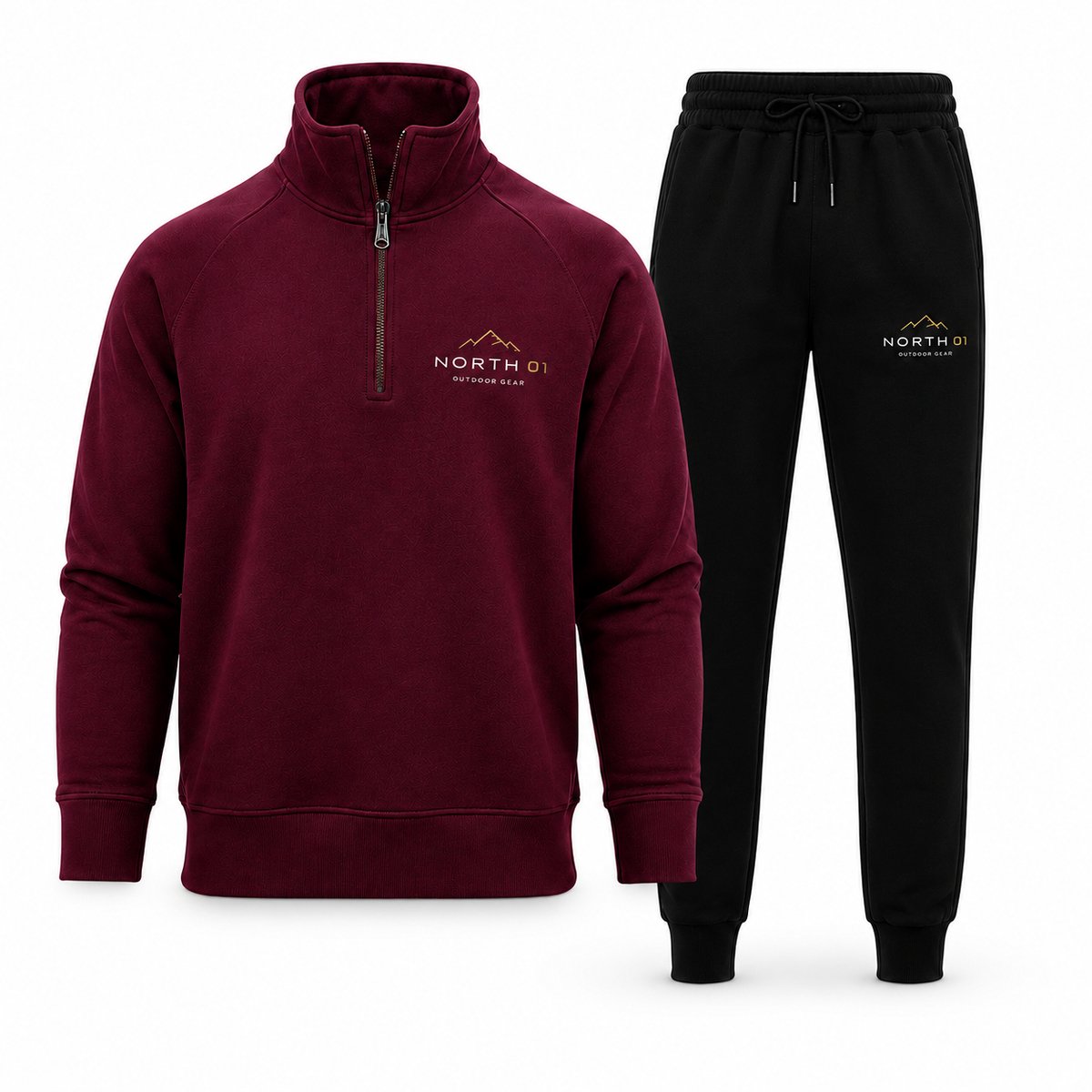 Trainingspak Heren – Half Zip Sweater met Sportbroek – Joggingpak North 01 – Bordeauxrood – Maat L