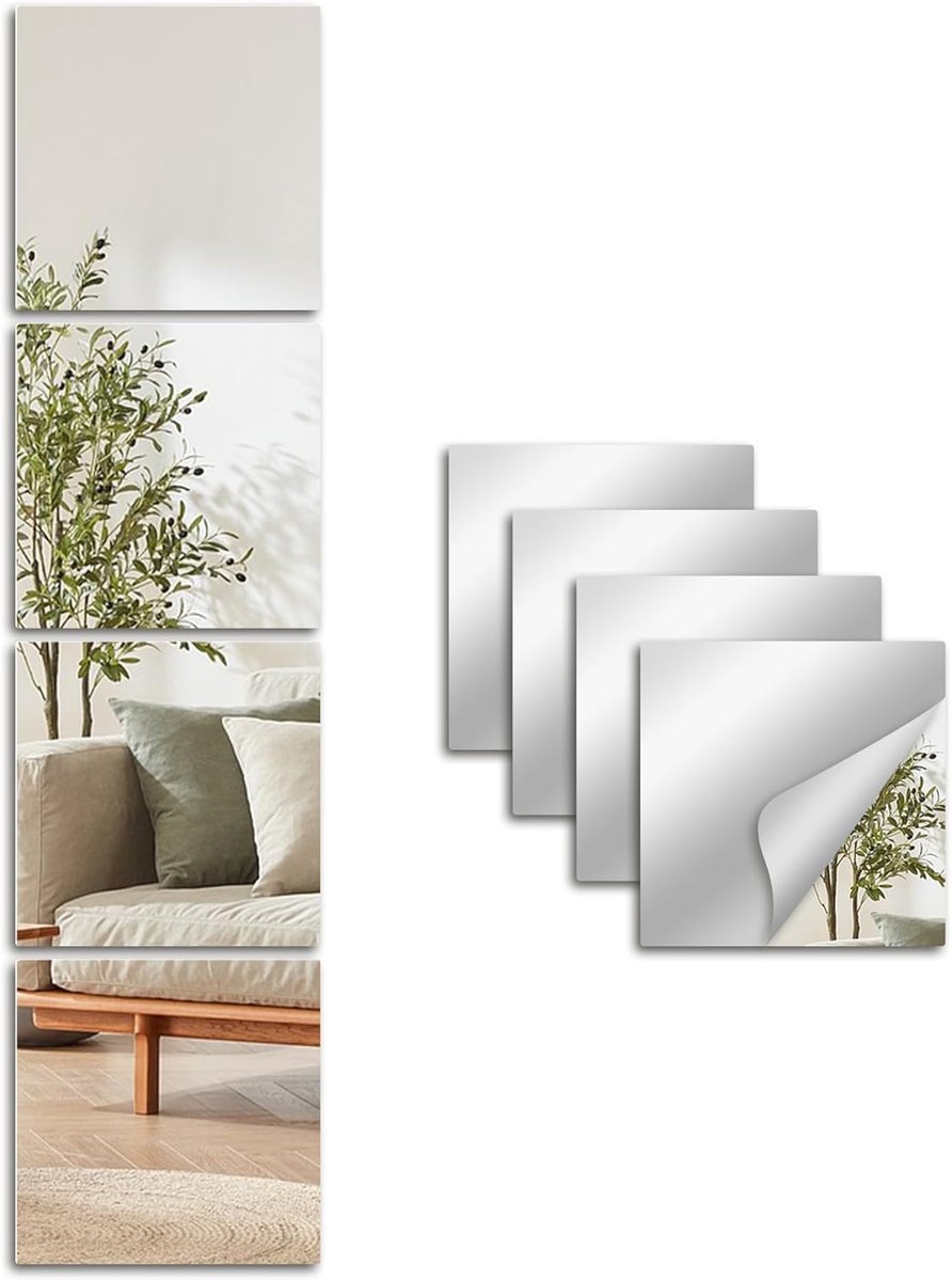 Spiegel Voor Het Hele Lichaam, 4 Stuks Zelfklevende Spiegels, 29 x 29 cm Geharde Glazen Tegels Met Stickers Voor Thuis, Frameloze Wandspiegels, Woonkamer, Haldecoratie