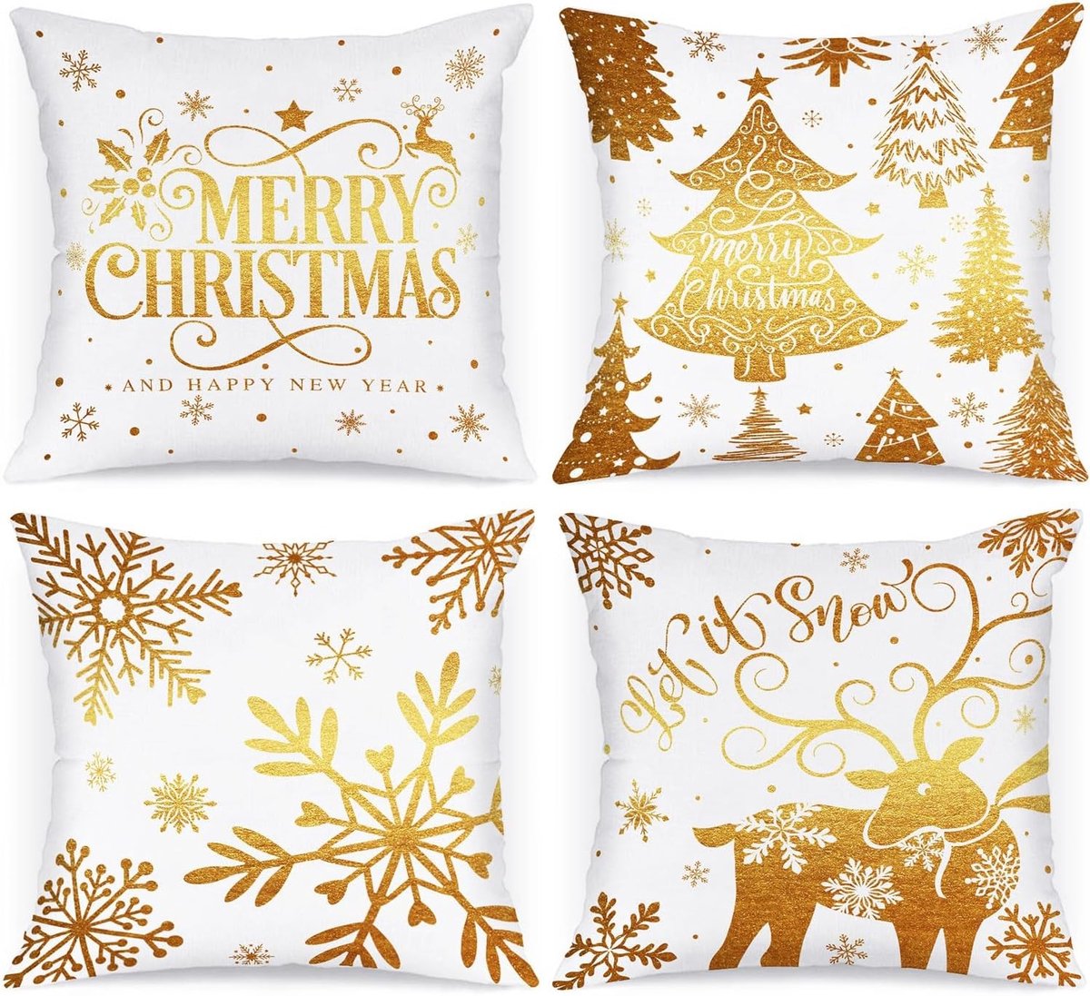 Decoratieve Kerst Kussenhoezen Set van 4 - 45x45cm met Sneeuwvlokken en Gouden Accenten voor Binnengebruik op de Bank