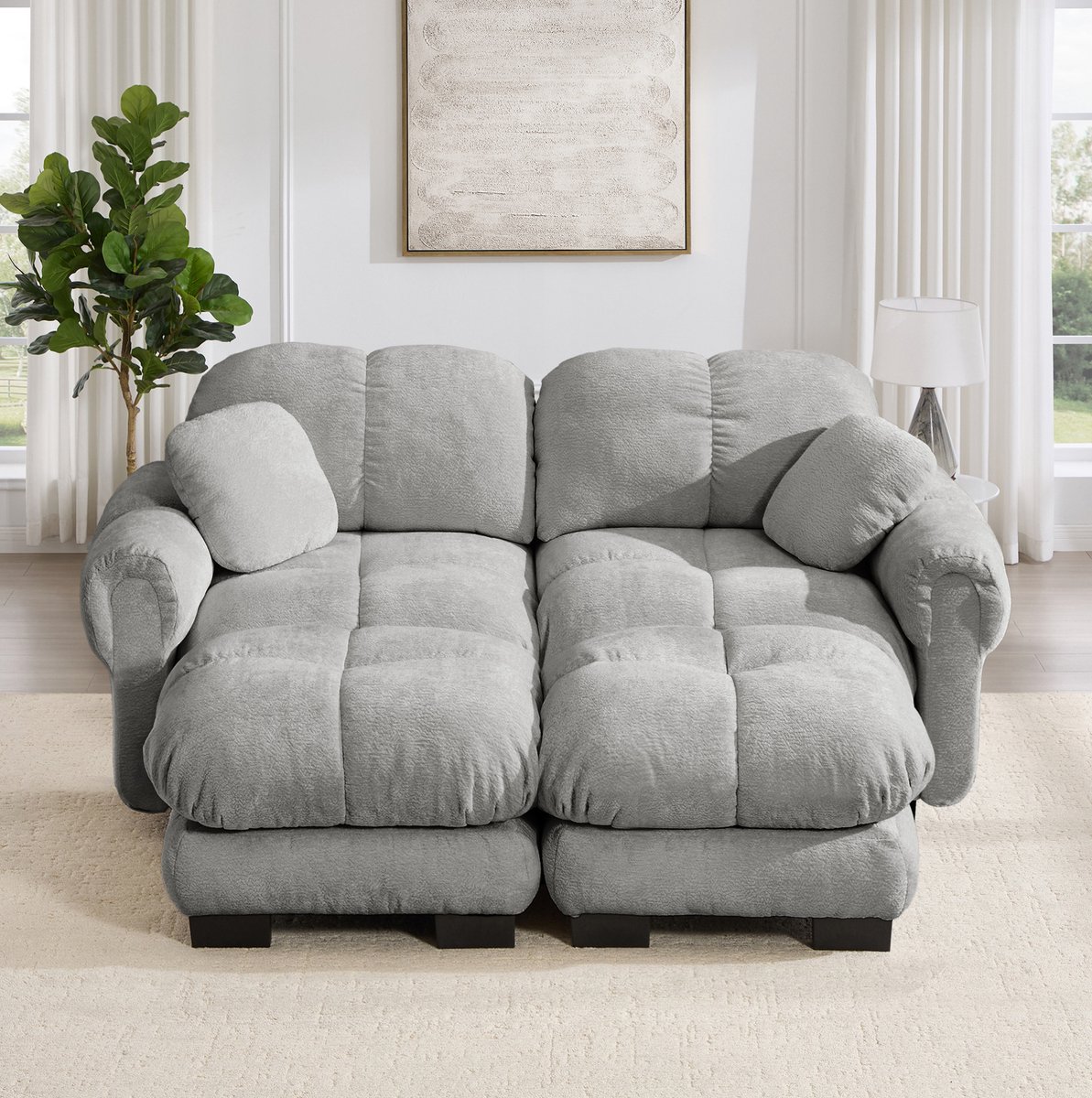 HAUSS SPOLE U Bank - Modulaire Chenille Bank - Met Verplaatsbare Ottomane En Kussen - Voor Woonkamer En Lounge - Chenille Lichtgrijs