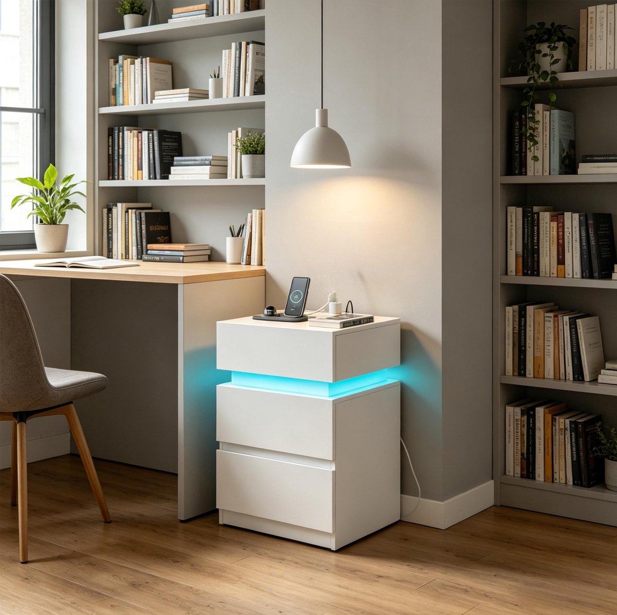 MIVRAY Nachtkastje - Met LED Verlichting En Oplaadfunctie - 2 Lades Voor Slaapkamer Of Woonkamer - Hout - 40x35x55 cm - Wit