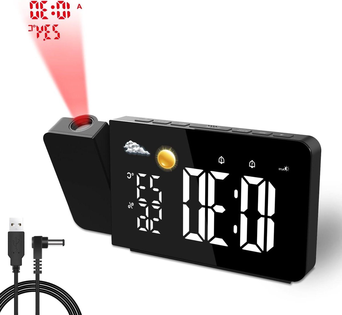 Projectiewekker met Weerstation - Digitale Wekker LED - Informatie Aflezen - 180 Graden Draaibaar - 17 x 8 cm - Zwart