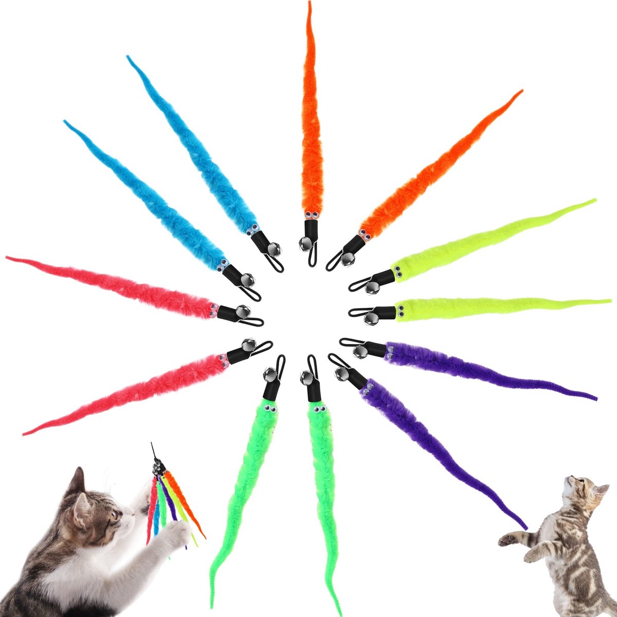 Kattenstokje, vervangende navulling, 12 stuks, kleurrijke kattenjagers, speelgoed, harige staartmaskers met klokken, interactief kattenspeelgoed, vulbeugels