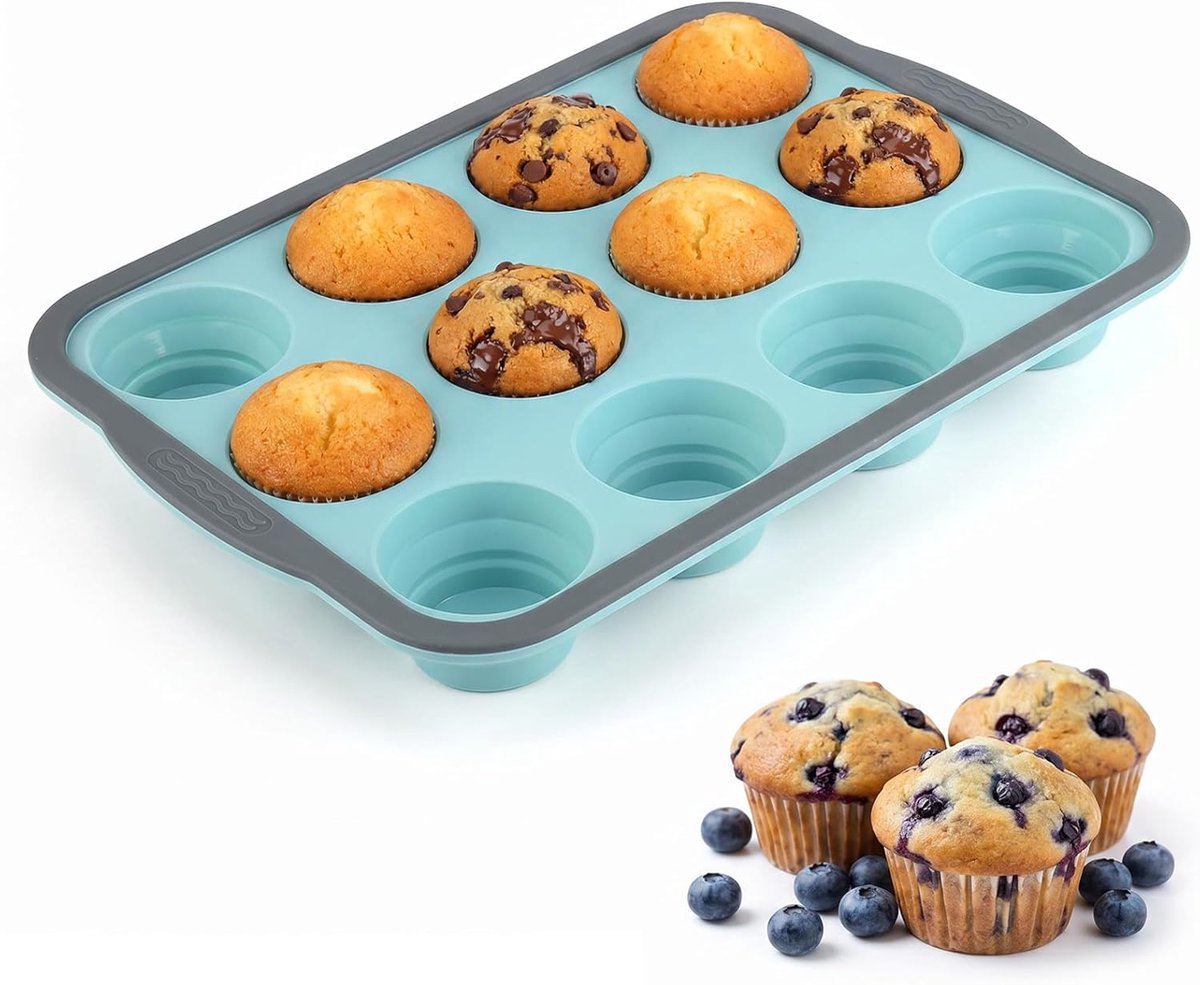 **12er Silicone Muffin Pan Metalen Frame, Klapbare Siliconen Cupcakevorm, Antiaanbakvorm voor Brownies en Pudding**