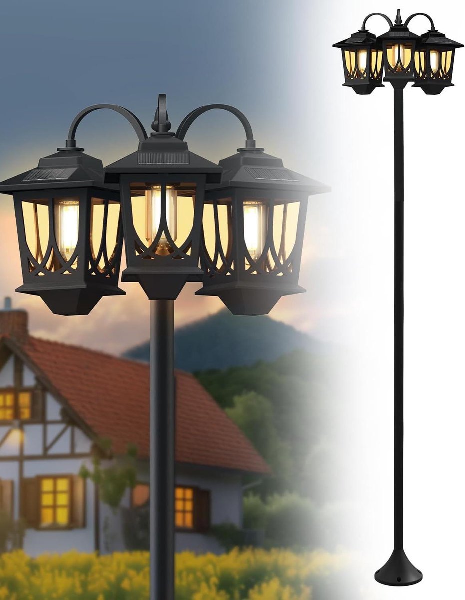 Hoge Solar Lampenpaal Buiten - 73cm Aluminium Waterdicht met 3 Hoofden - Schemer- en Ochtendsensor voor Tuin en Erfafscheiding