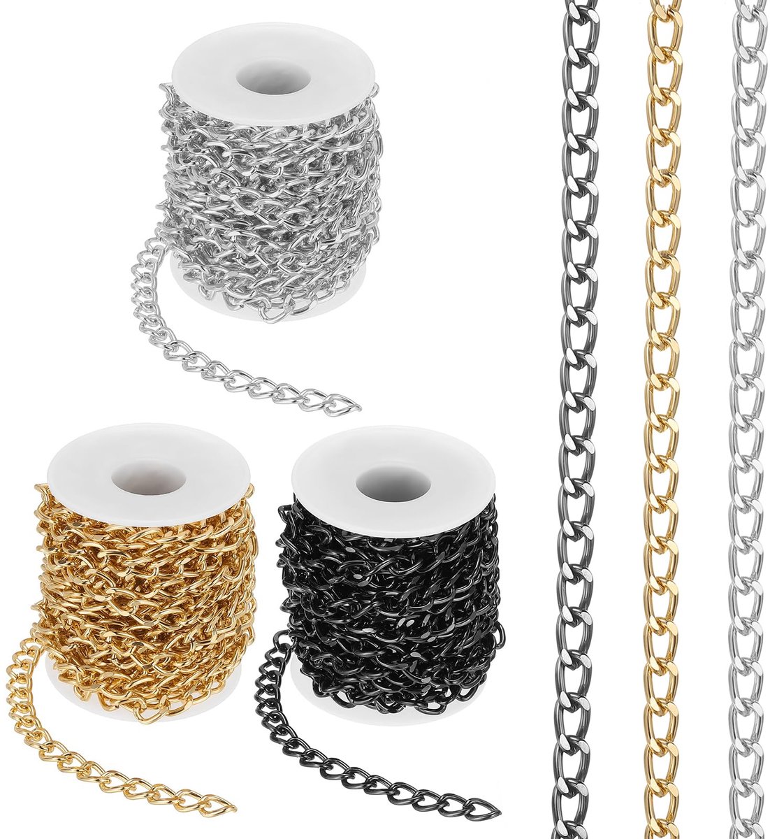 49,2 Ft Aluminium Curb Chains Twisted Links, 3 Rollen 11x8mm Curb Chain Spool Sieraden Maken Kettingen Craft Chain voor Ketting Armband Oorbellen, Goud/Zilver/Zwart