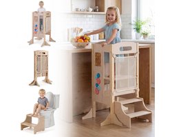 COSTWAY 3-in-1 Opvouwbare Leertoren, 3-traps Opstapkruk Hoogteverstelbaar | Montessori Keukenhulp met Afneembaar Krijtbord & Veiligheidsnet, Houten Opstap ladder, Opstapkruk voor Kinderen vanaf 3 jaar