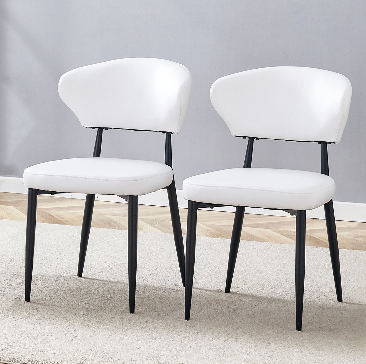 DESMIU Eetkamerstoel - 50 x 80 cm - Set van 2 Met Ergonomische Gebogen Rugleuning - Voor Eethoek En Woonruimte - Kunstleer Metaal - Wit Zwart