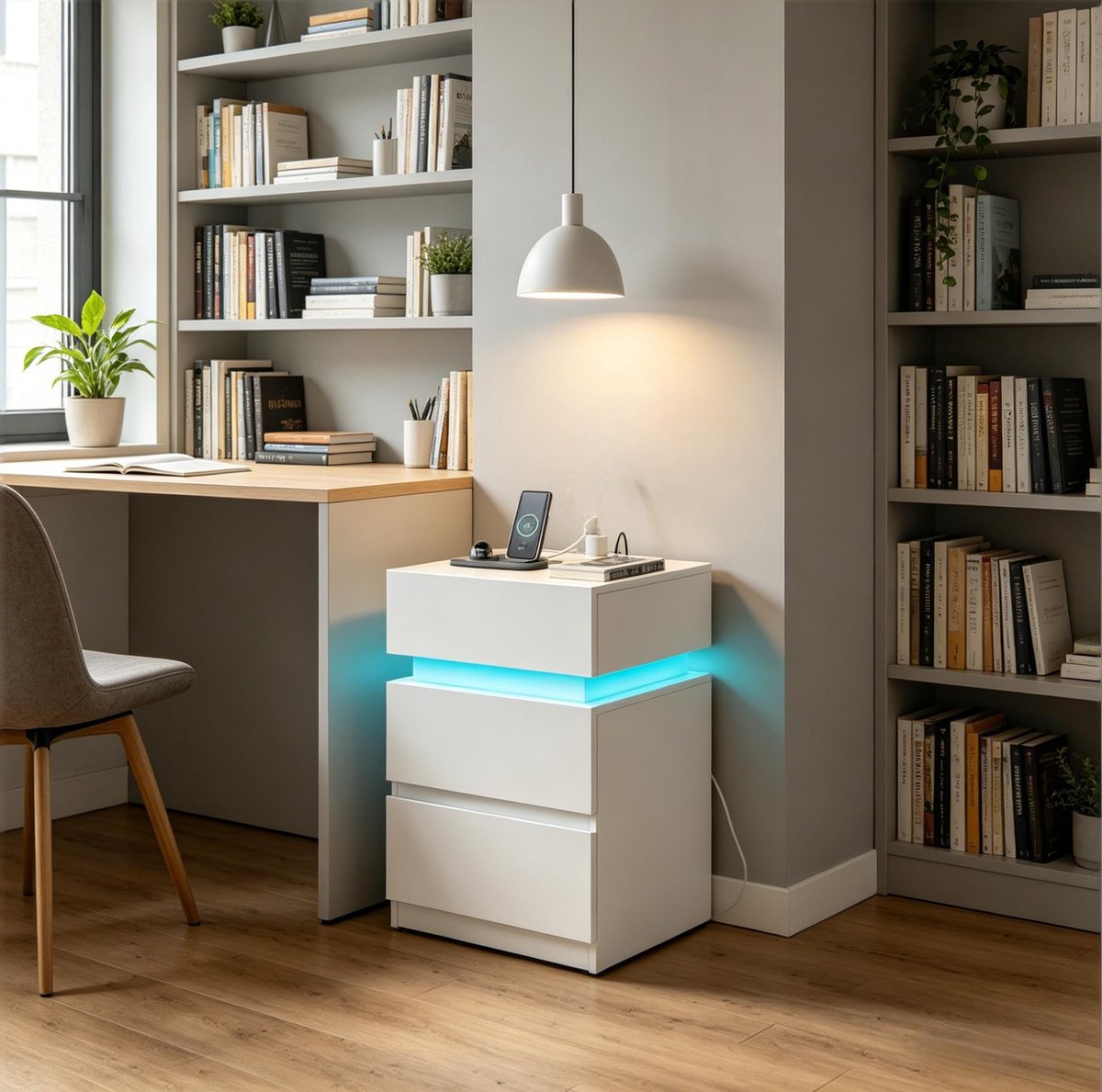 STILVORA Nachtkastje - Met Verstelbare Ledverlichting En Oplaadfunctie - Set Van 2 Voor Slaapkamer Of Woonkamer - Hout - Wit - 40x35x55 Cm