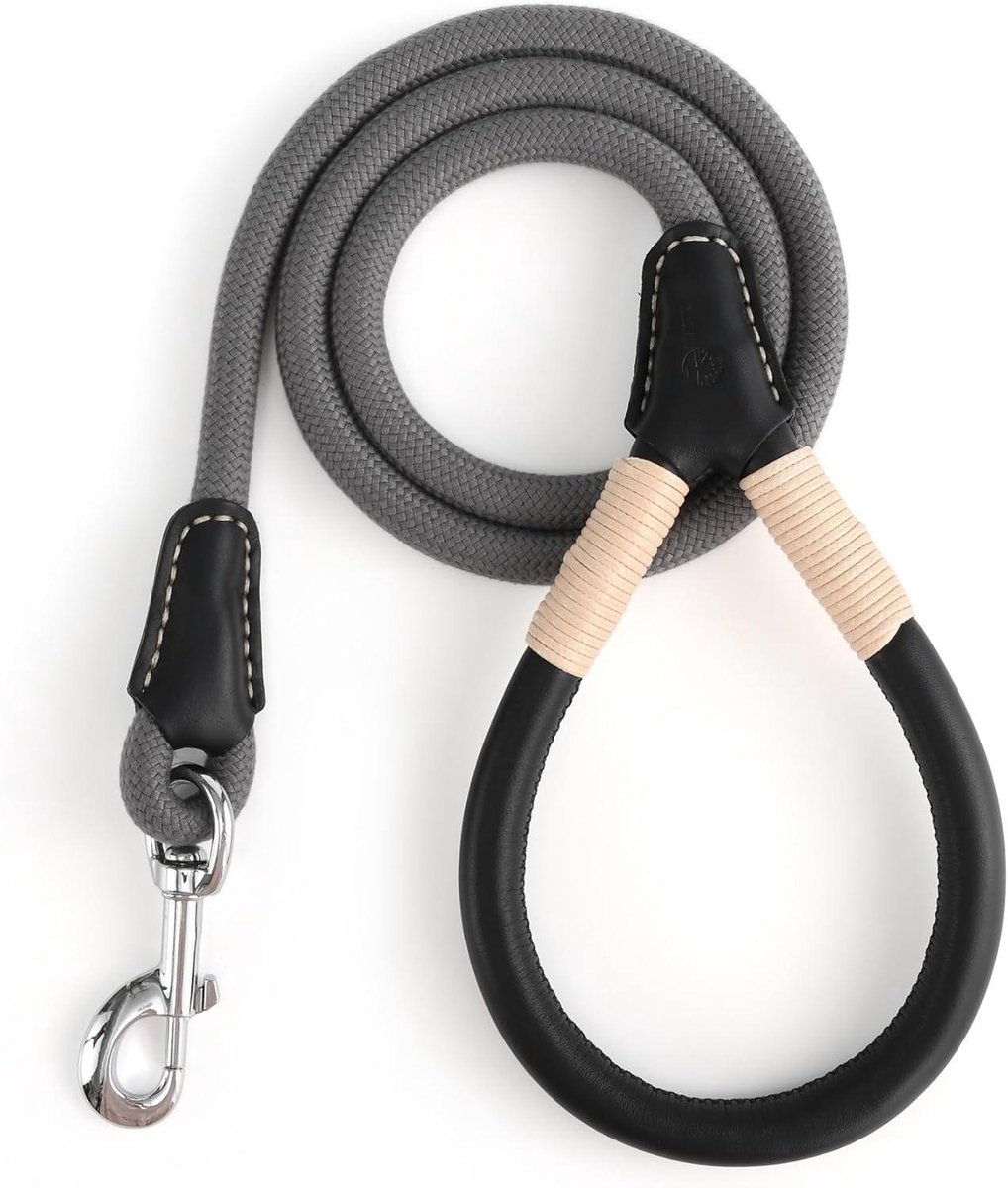 Hondenlijn Touw - Hondenriem Leer - Veilige Wandelingen - Zachte Leren Lus - 120 cm - Grijs