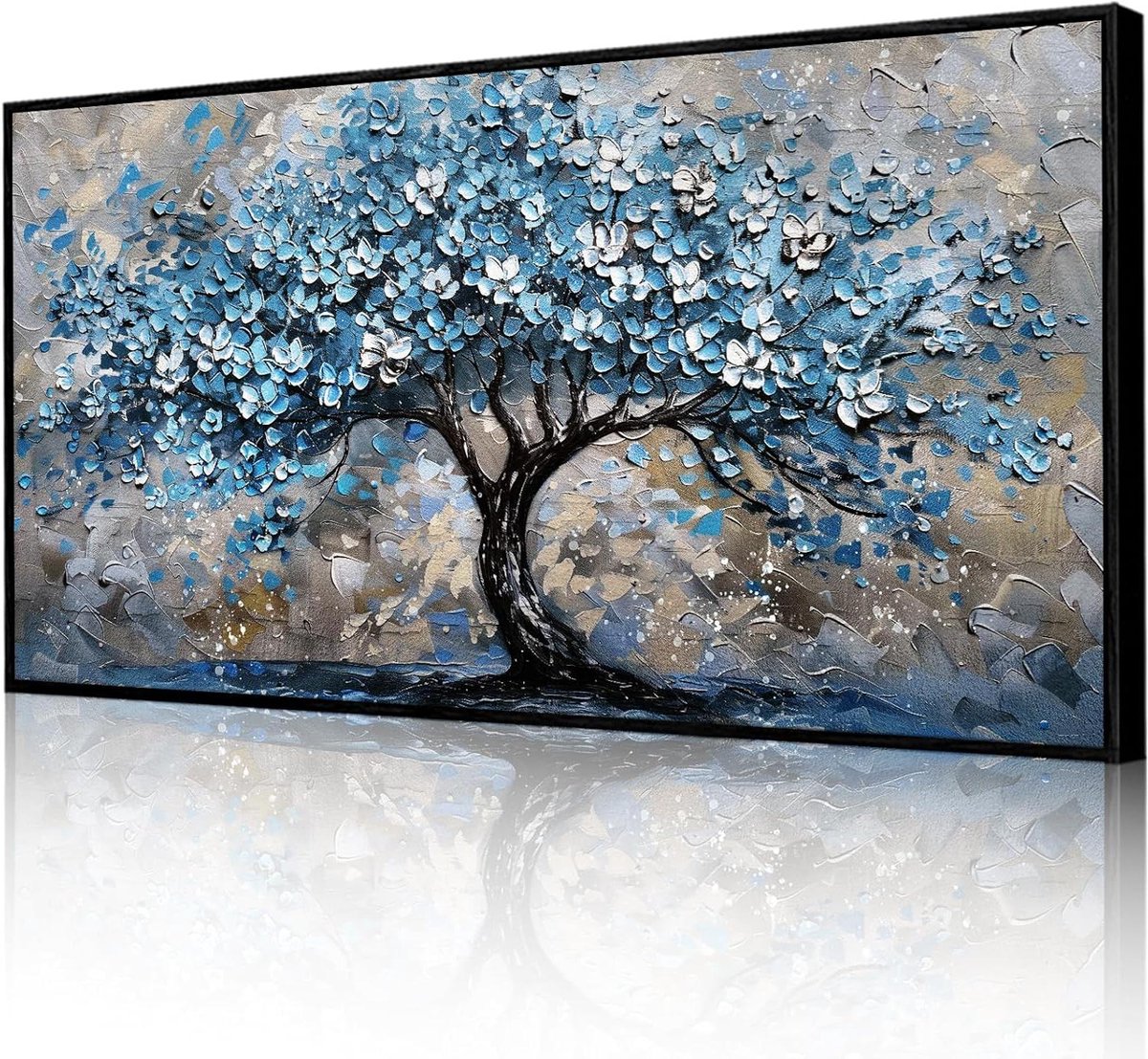 Canvas Wanddecoratie - Botanische Prints - Woonkamer Verfraaien - Houten Lijst - 50x100 cm - Blauw