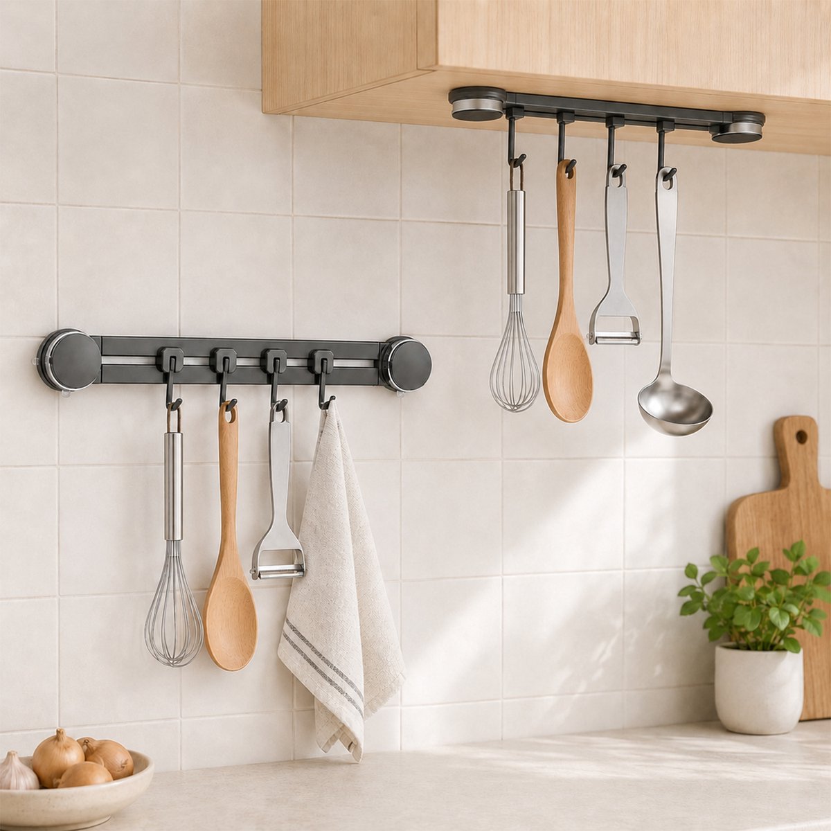 REFTTENW Keukenhaakrek Met Zuignap - Ophangrek Voor Keukengerei - 4 Haken - 34 Cm Keukengerei Houder Met Schuifhaken - Zonder Boren - Aluminium Donkergrijs