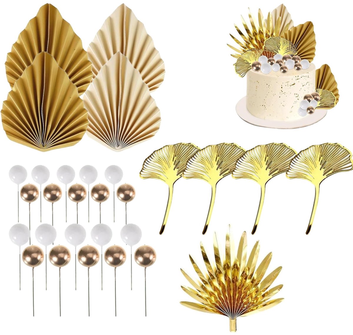 Taartdecoraties, gouden palm ginkgo bladeren taartdecoratie, witgouden bal taart decoratie feestbenodigdheden, voor bruiloften, verjaardagen, baby's, Kerstmis, Valentijnsdag