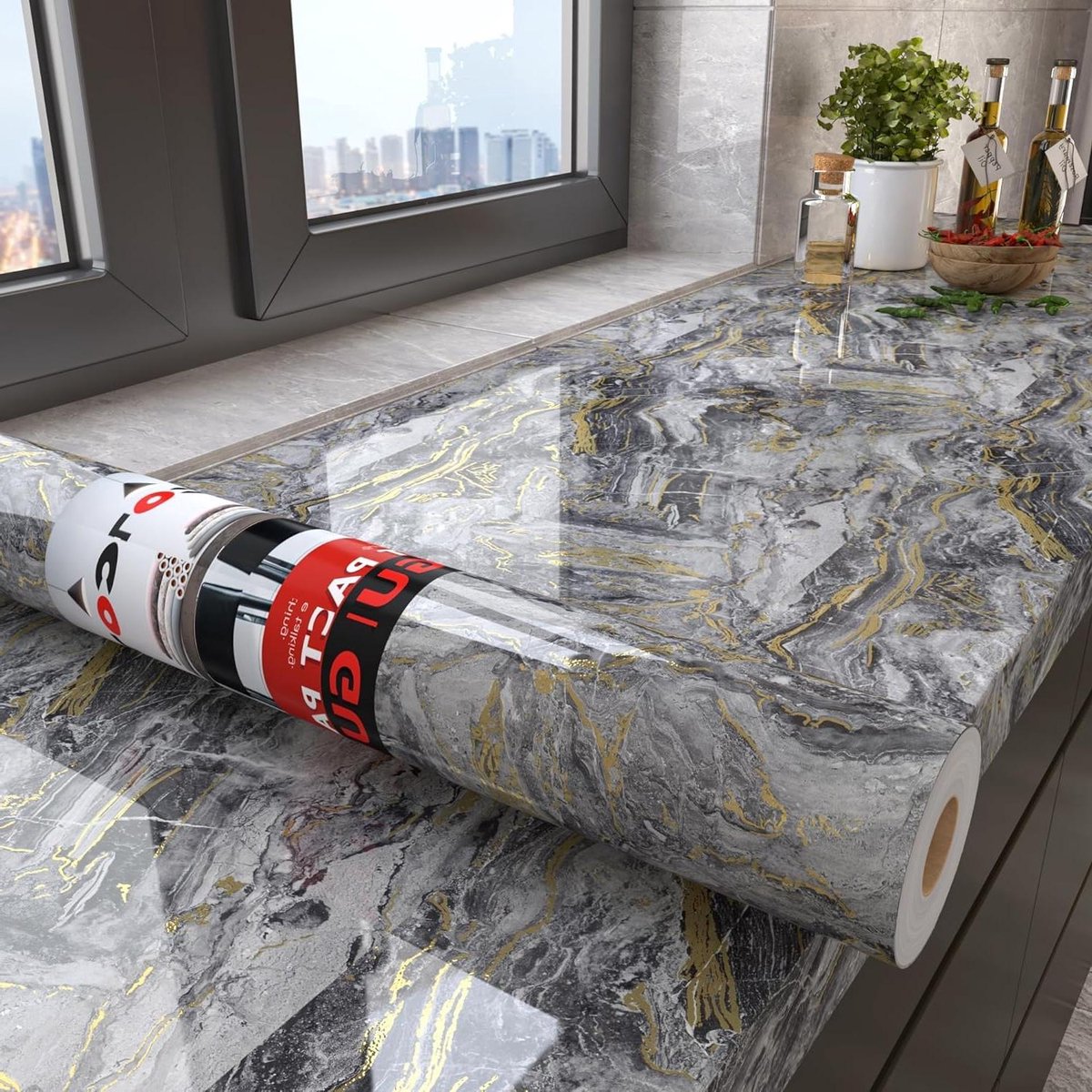 Keukenwerkblad Folie - Meubelstickers - Keuken Renoveren - Zelfklevend Marmerdesign - 90 x 300 cm - Zwart