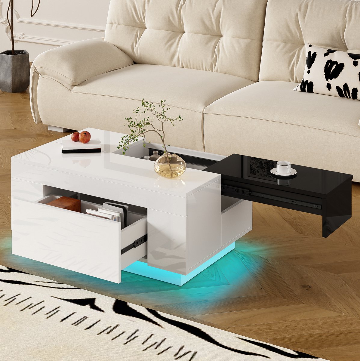HAUSS SPOLE Salontafel - Hoogglans Met Ledverlichting En Uitschuifbaar Blad - Met Lade Voor Woonkamer - MDF - 80x50x35,5 Cm - Zwart Wit