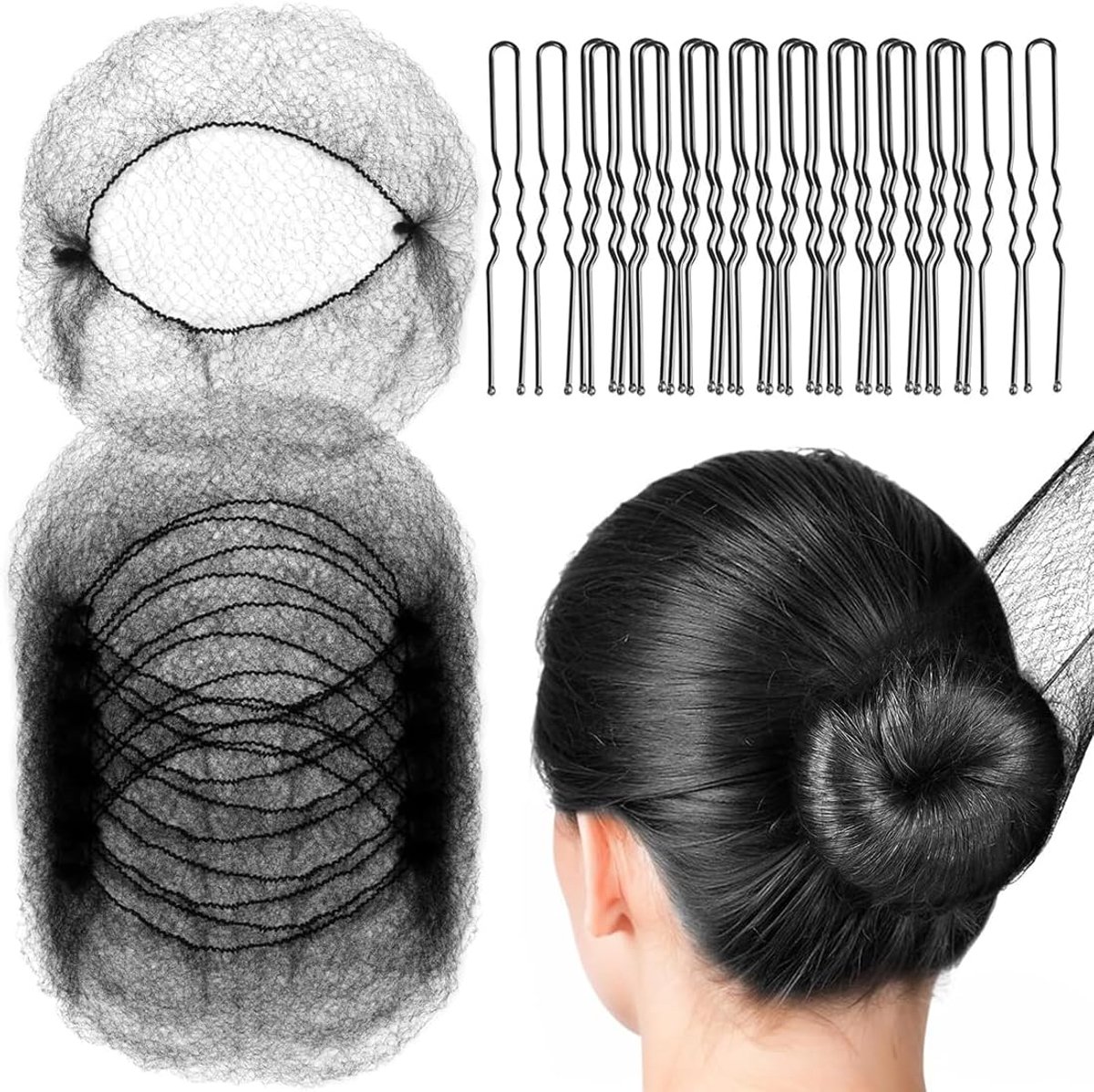 Haarnetjes met 40 haarspelden, elastisch, voor ballet, dans, verpleegsters, dames (zwart)