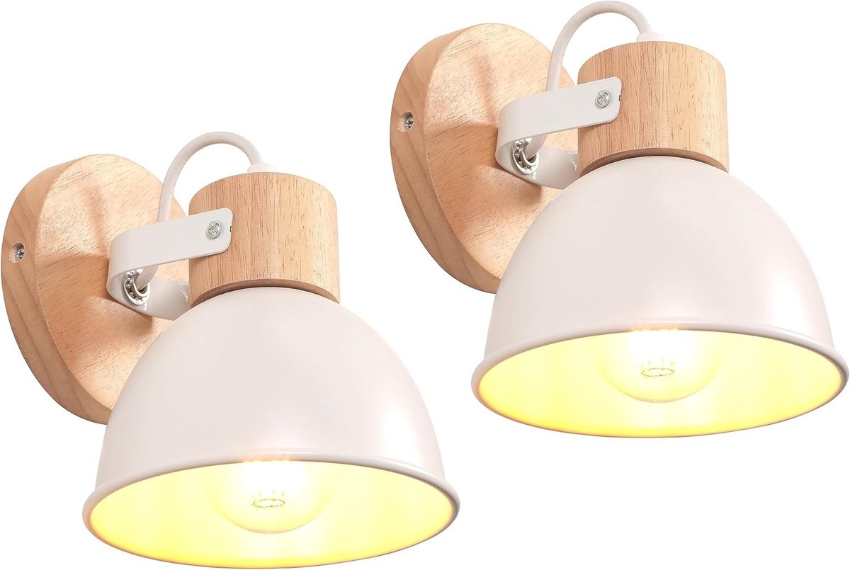 Set van 2 Retro LED Wandlampen, 15 cm, Industrieel Ontwerp, Houten en IJzeren Vintage Verl