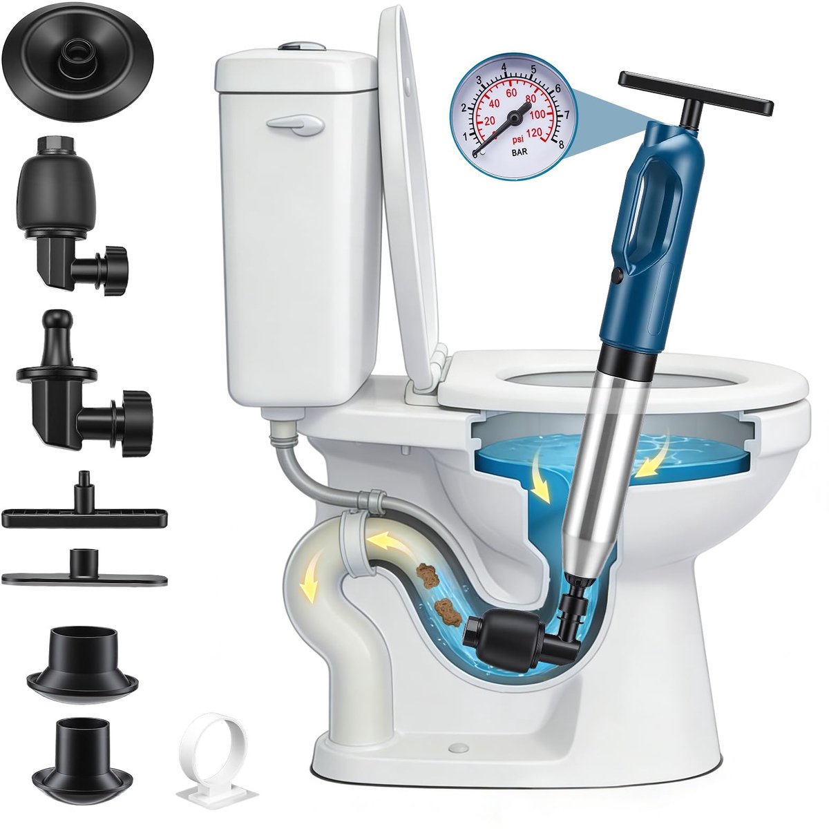 Ontstopper met hoge druk zuignap met barometer blauw