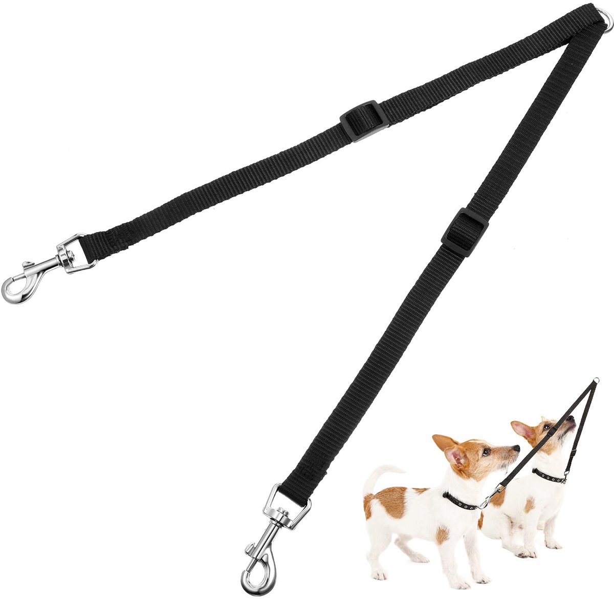 Verstelbare dubbele huisdiertrainer lijn, geen klitten, dubbele hondenverdeler, looptrainer voor twee honden (zwart)