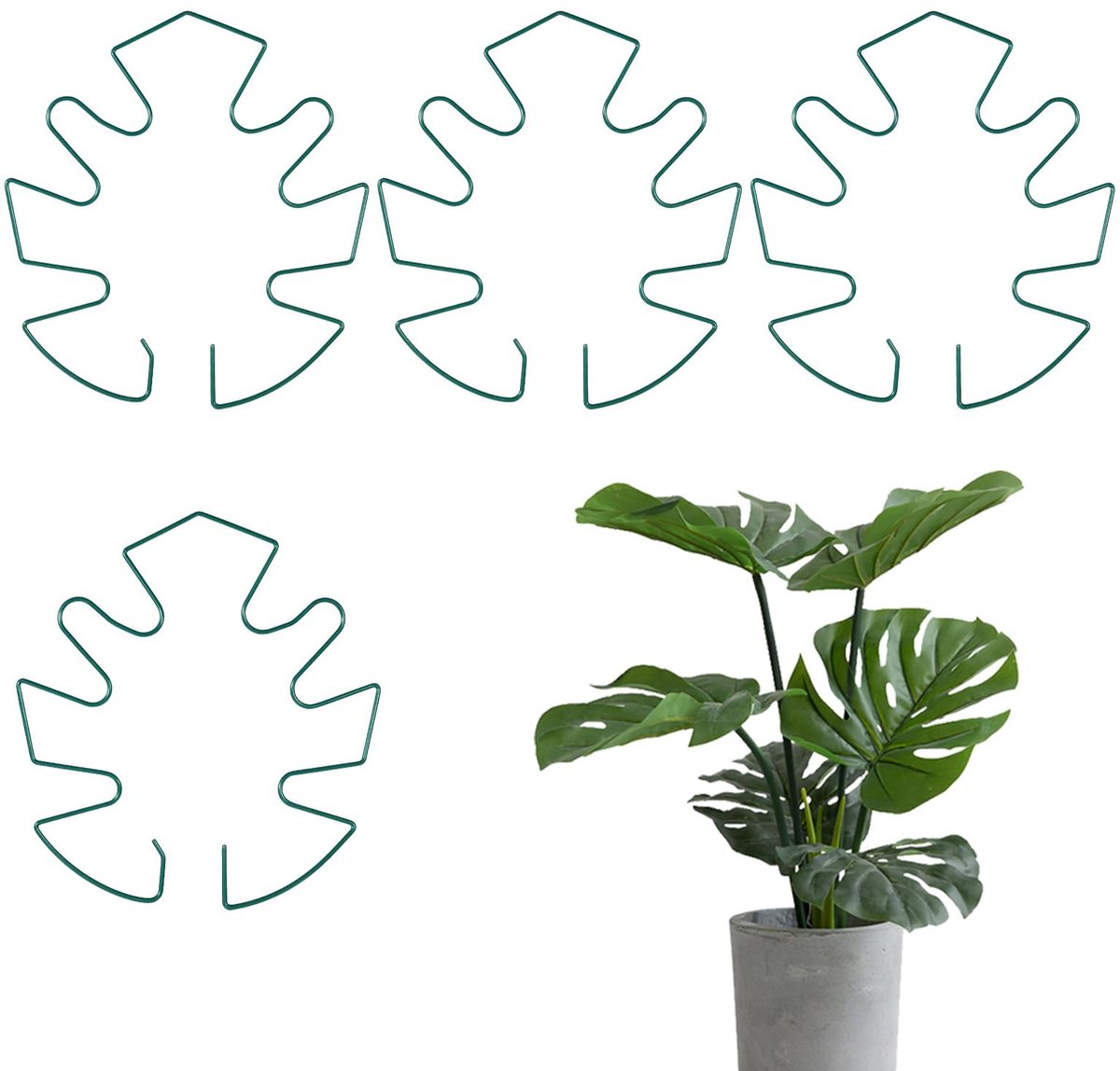 4 stuks Monstera Trellis, Iron Monstera plantensteun met bamboeklem, 16,5 x 13,5 cm plantenstokken voor kamerplanten, stevig metalen frame voor klimmen en bloeiende groei (groen)