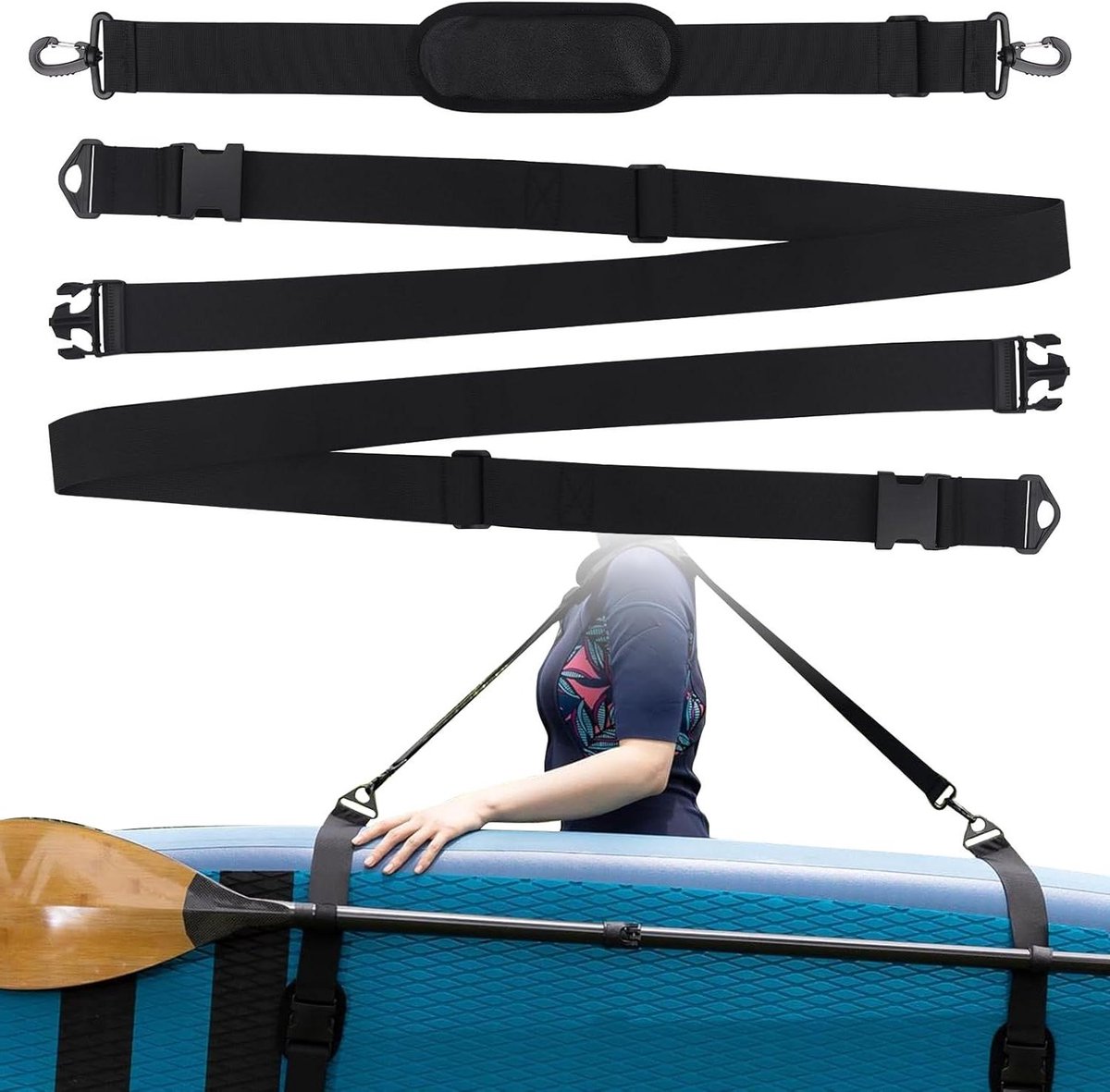 Schouderriem Surfplank SUP - Draagband Peddelboard - Board Transport - Gevoerde Schouderband - 70-202 cm - Zwart