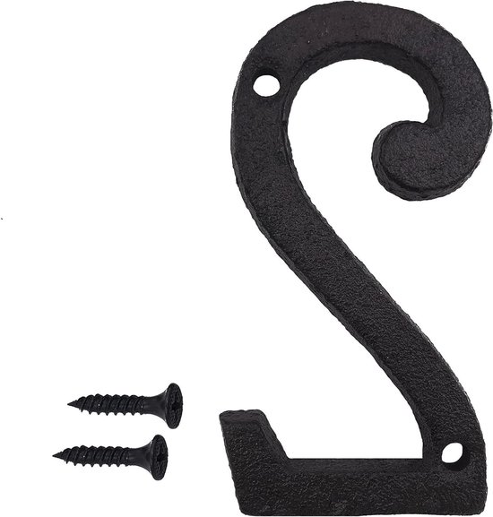Zwart smeedijzeren huisnummer 'S' van 3 inch met bijbehorende schroeven.