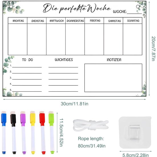 Weekplanner afveegbaar, wekelijkse planner magnetisch acryl, wekelijkse voedingsplanner, 30 x 20 cm, whiteboard met 6 wissermarkers, 1 haak, wit koord, weekplannerbord — afbeelding 5