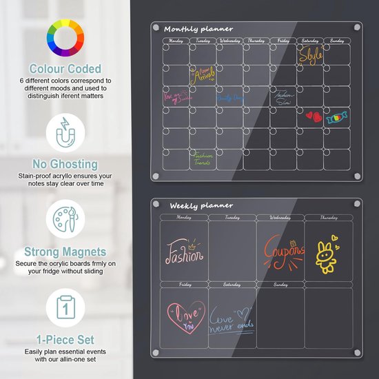 Weekplanner, magnetisch, weekplanner, afwasbaar, voor koelkast, 40 x 30 cm, herbruikbare planningborden voor organisatie, menuplanning en lijst — afbeelding 2