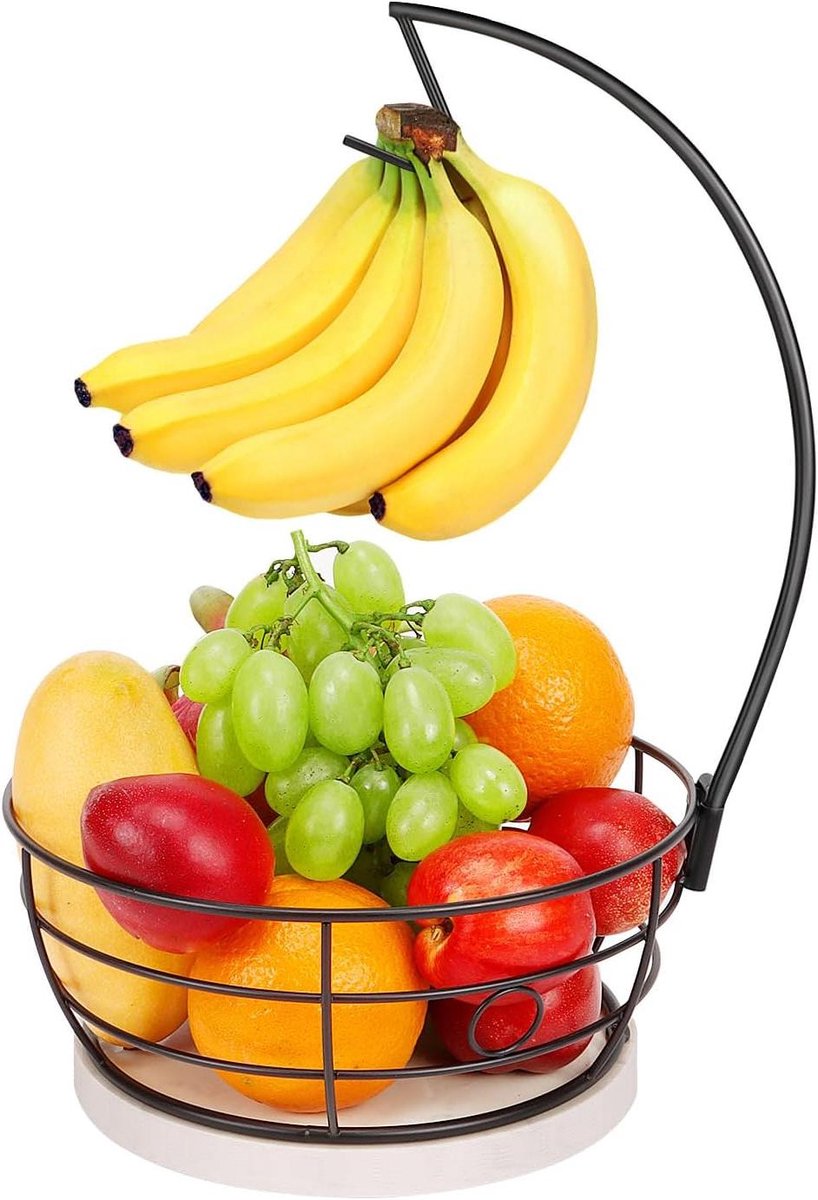 Fruitmand met Bananenhanger - Fruithouder Keuken - Fruit Presenteren - Unieke Marmeren Voet - 40 cm Hoog - Zwart