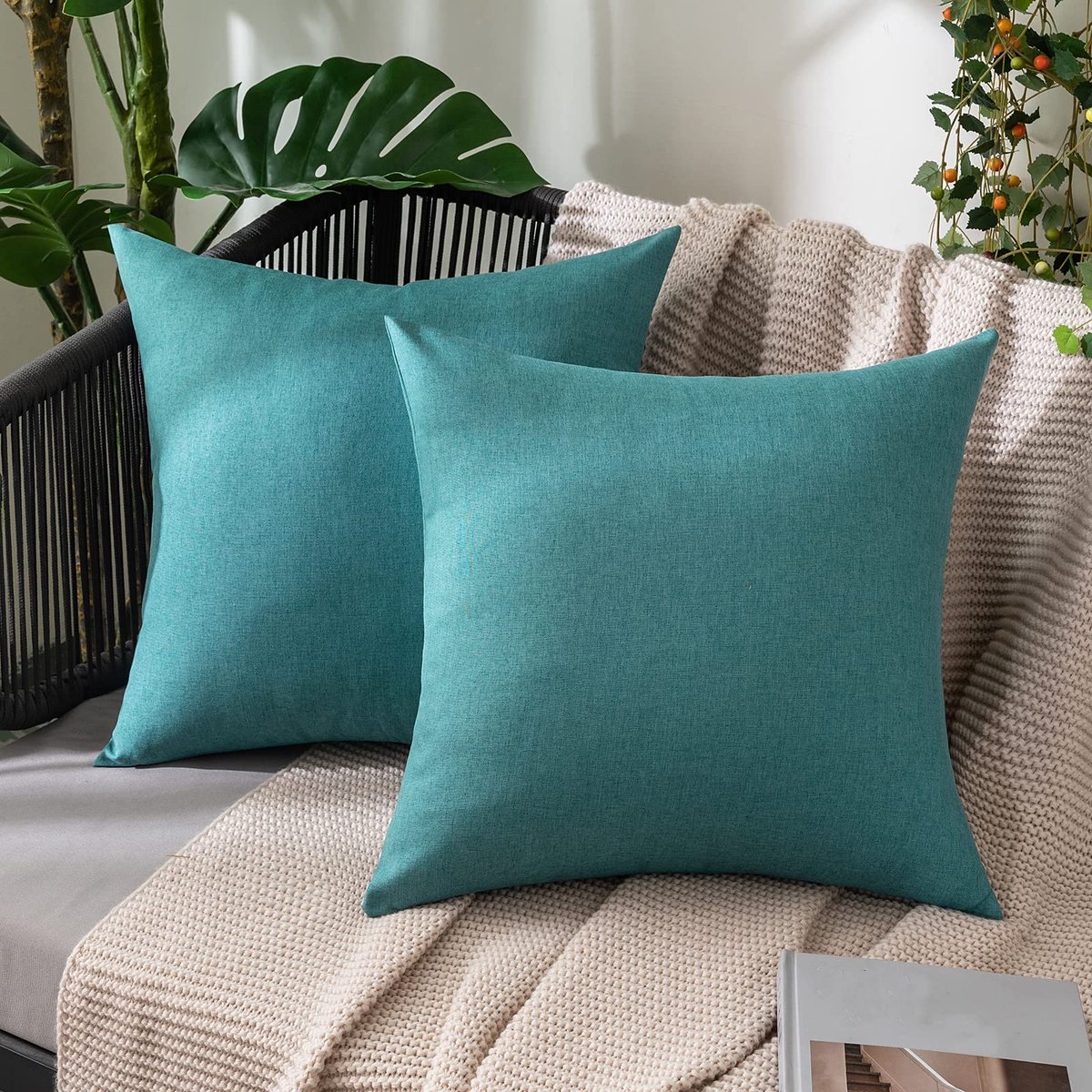Kussenhoezen, kussenovertrekken, voor sierkussens, waterdicht, voor buiten, van polyester, linnenlook, 2 stuks, 40 x 40 cm, pauwblauw