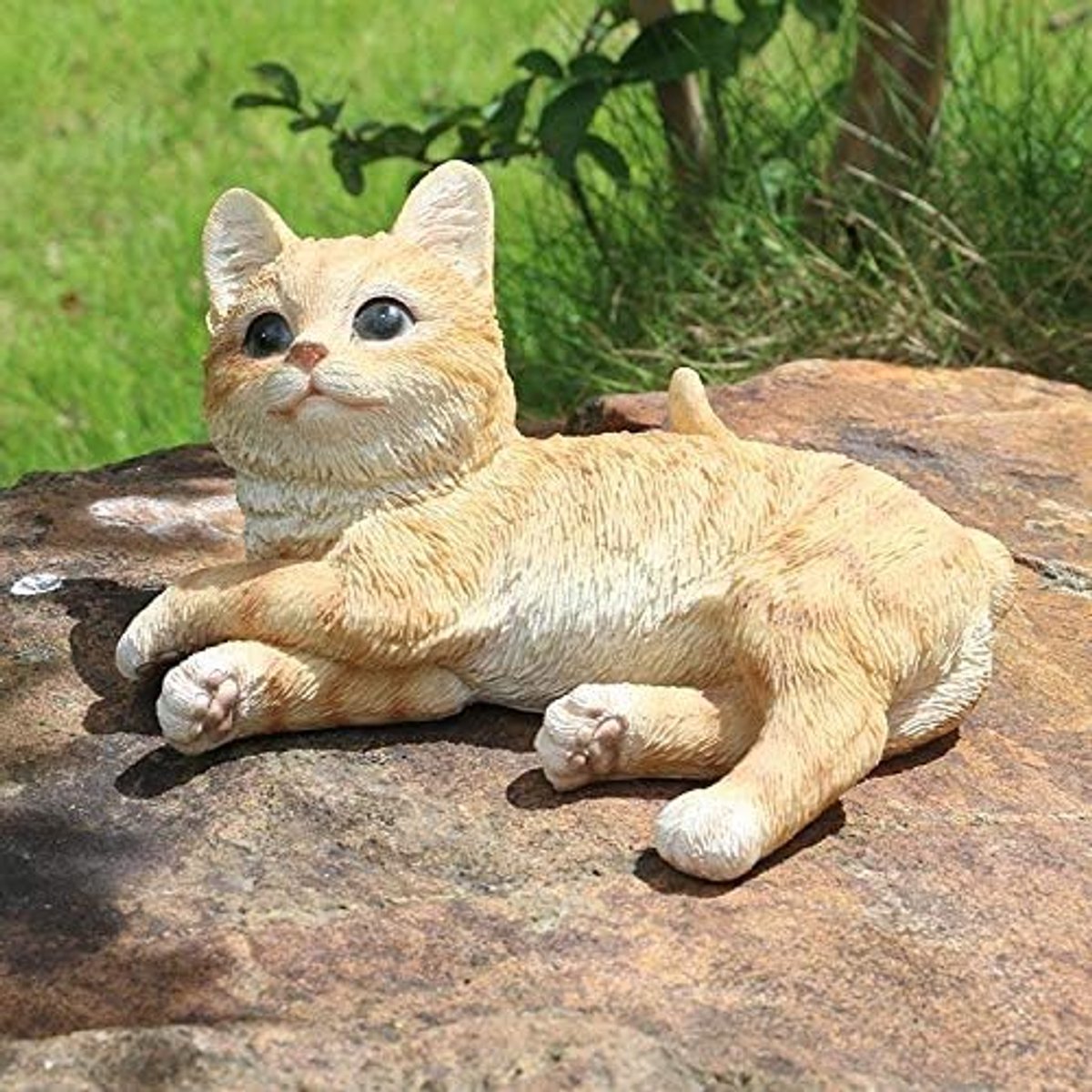 Kattenfiguur Tuinsculptuur Deko Tuinfiguur Polyresin Voor Binnen en Buiten Liggend Beige ongeveer 15,5 × 10 × 8 cm