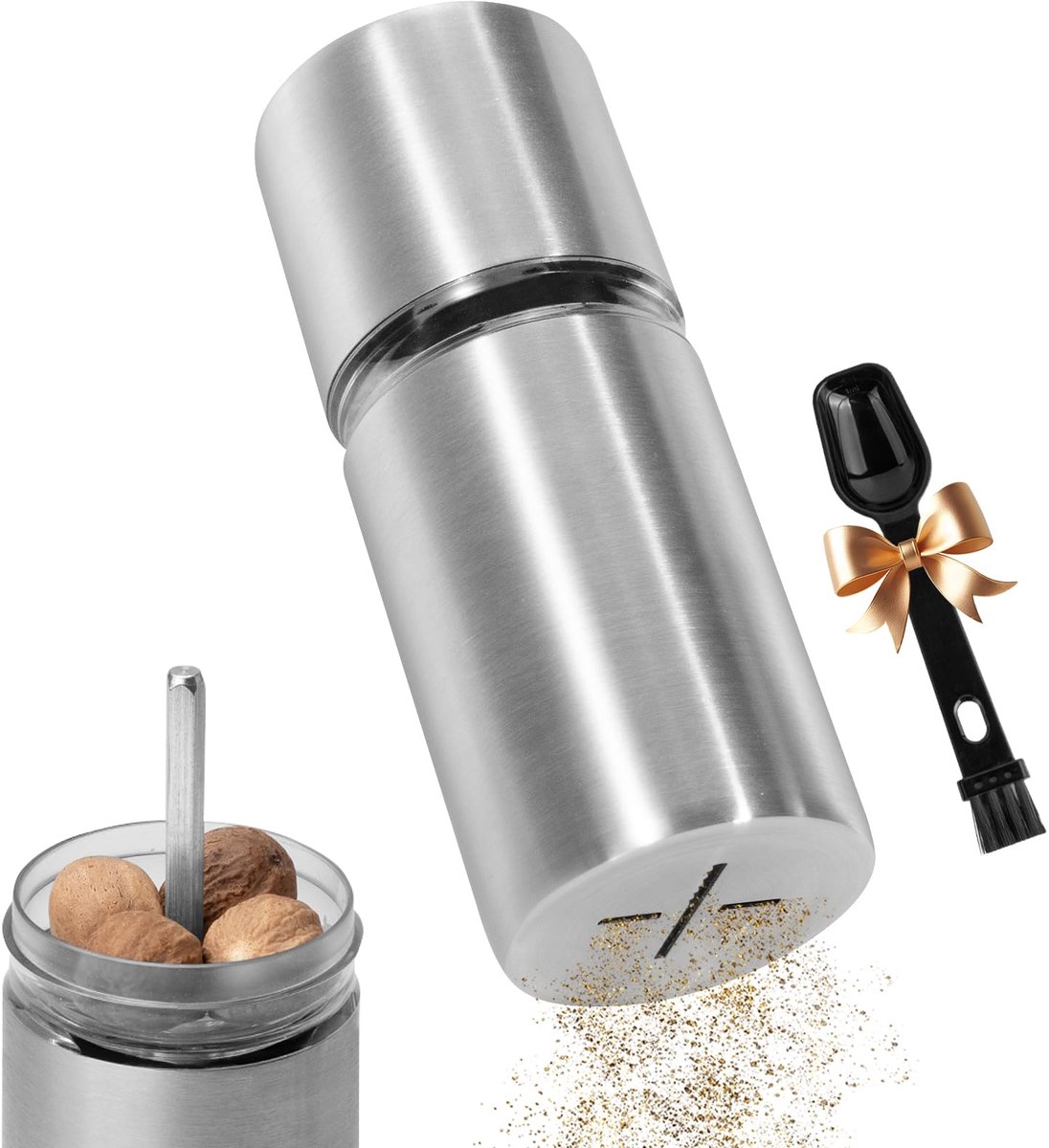 nootmuskaatmolen Nootmuskaatmolen met bewaardoos voor 4 noten Kruidenmolen, voor keuken, restaurant(Zilver)