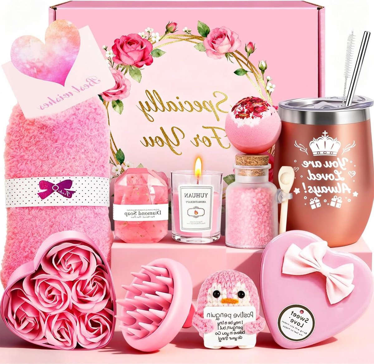 Cadeauset Vrouwen - Geschenkmand Vrouwen - Ontspanning Bieden - 11 Delige Set - 300 ml - Roze