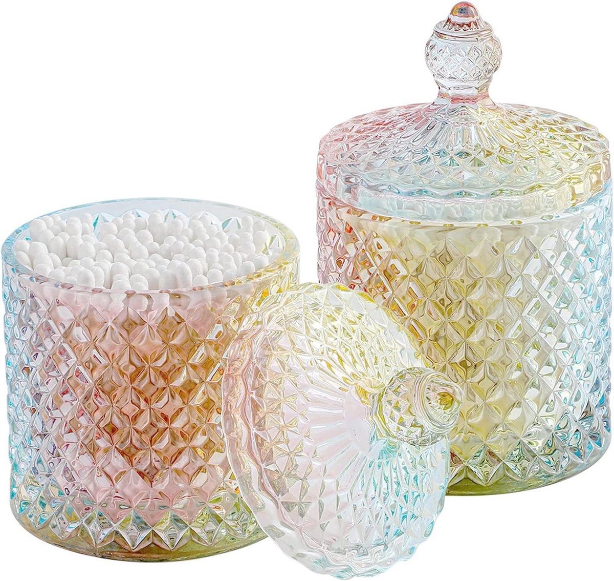 Glazen Potjes met Deksel - Opbergpotjes Vanity - Badkamer Organisatie - Kristaltextuur Europees Stijl - 2 stuks 10 oz - Regenboog