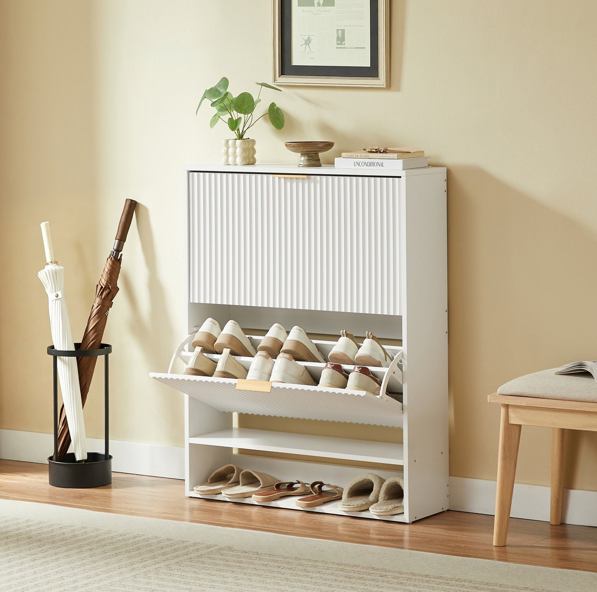 MIVRAY Schoenenkast - Smal Staand Model Met Kleppen En Verstelbare Legplanken - Voor Hal En Entree - Wit Metaal En Spaanplaat - 80x24x102 Cm