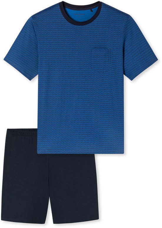 Blauw T-shirt met visgraatmotief en navy short.