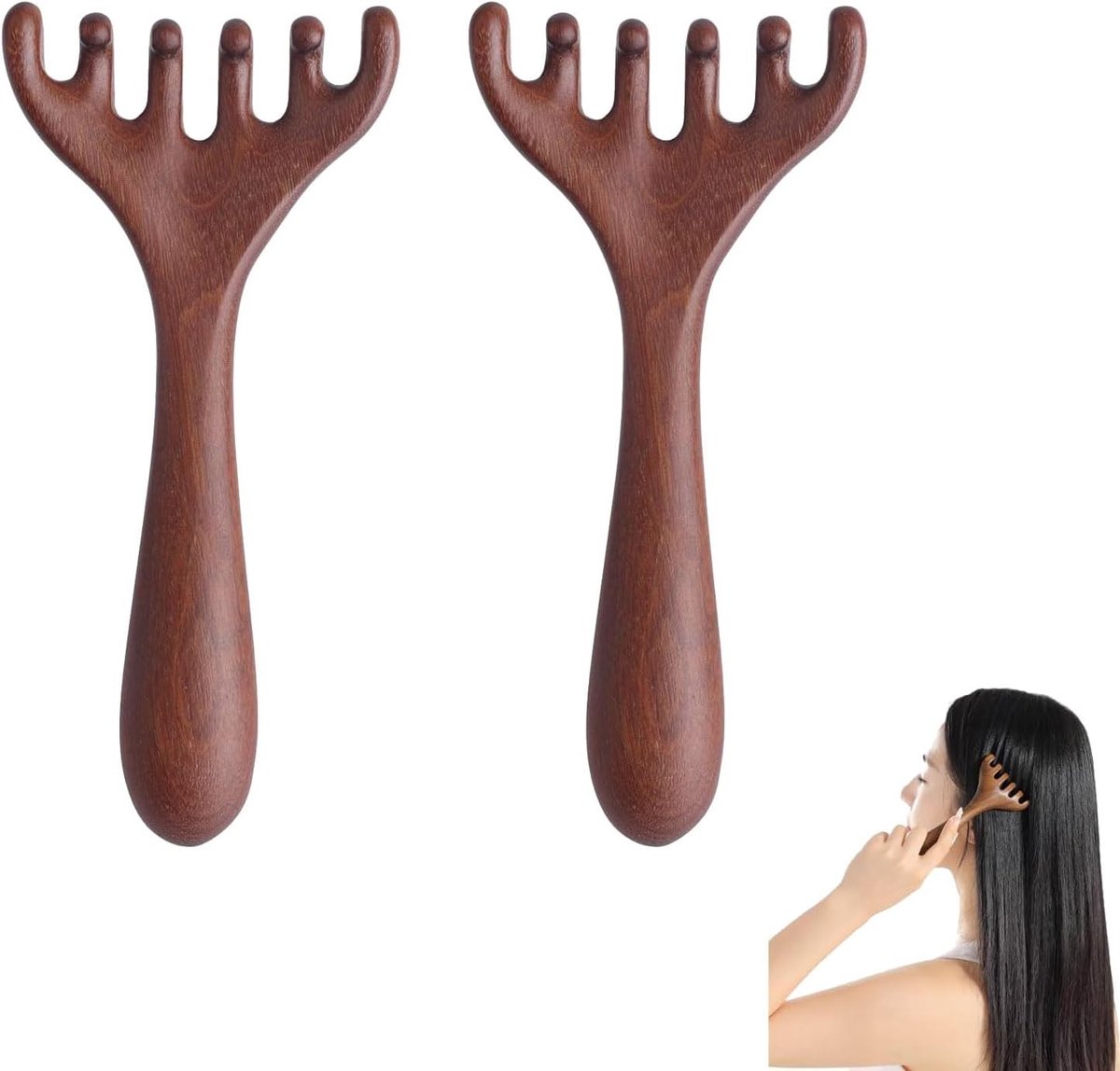 Houten massagekam met 6 klauwen voor hoofdhuid, hoofd en hals – ontspannend Gua Sha-gereedschap voor gezicht en ogen – ideaal voor meridiaantherapie en stressverlichting