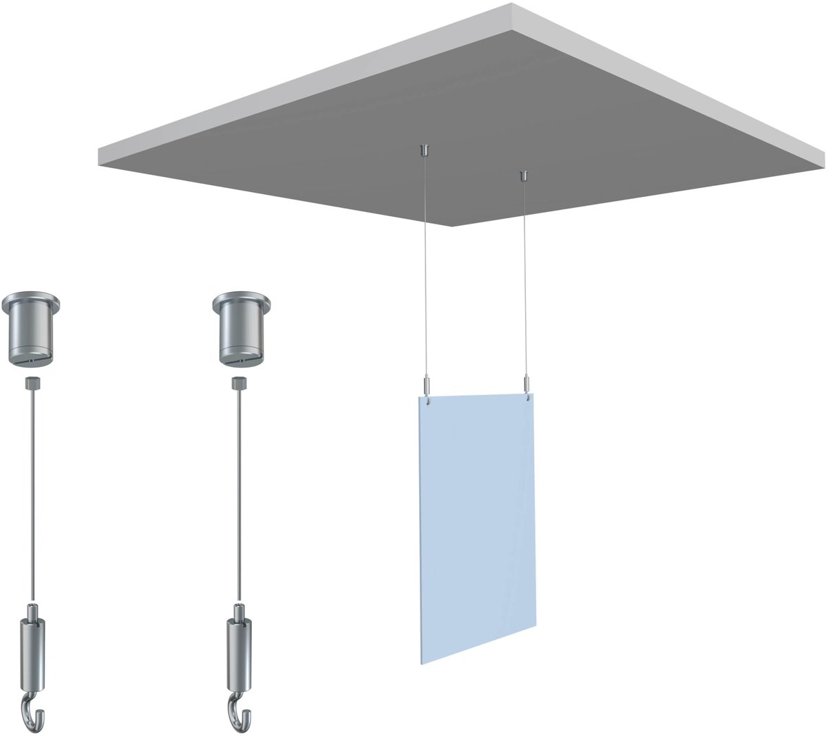 Suspensie Set voor Plafond - Compleet met 2 Clips en 2 Stalen Draden - Voor Signalisatie en Lichtpanelen - Max. 15 kg