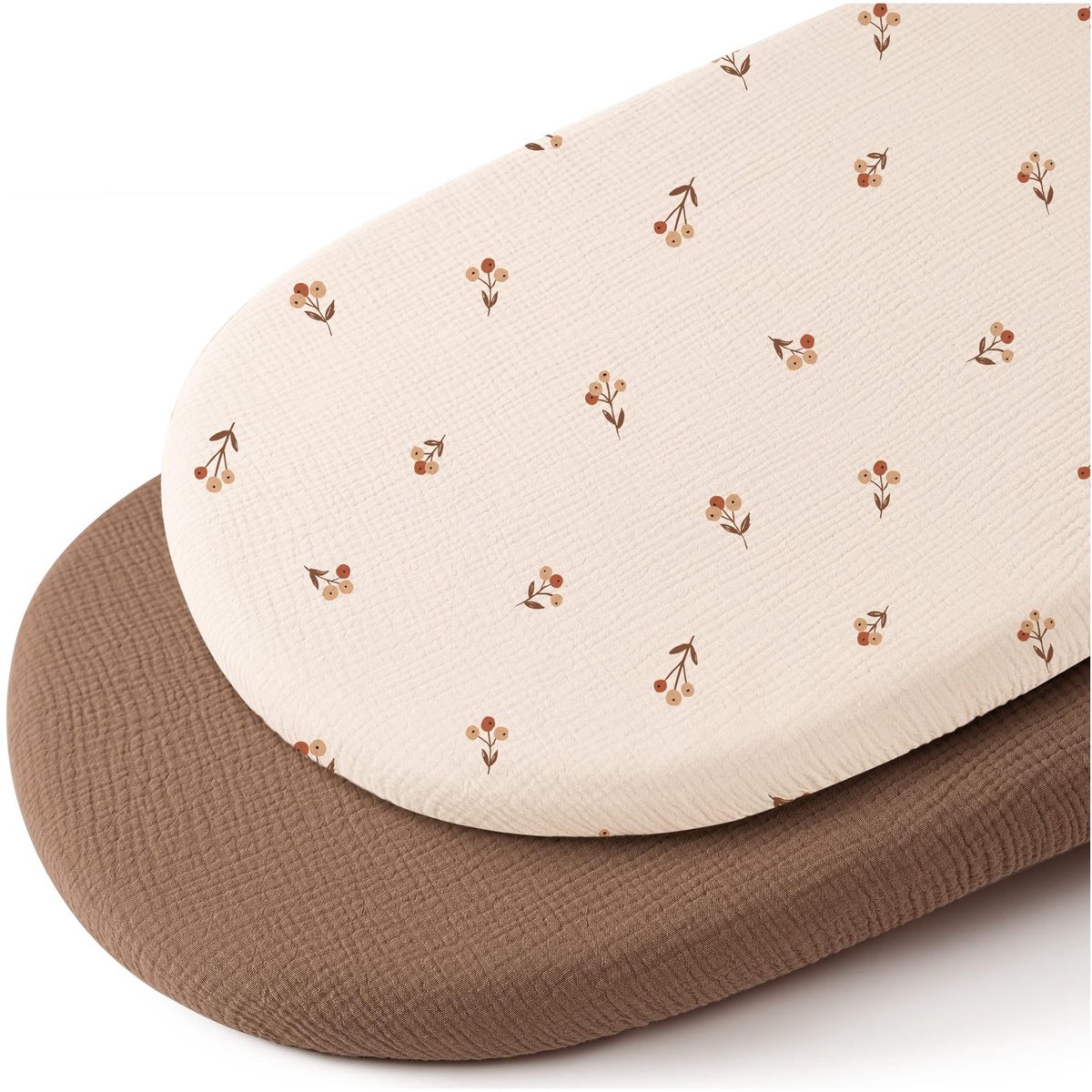 Hoes voor babynest, set van 2 stuks, rekbare omslaghoes van katoen gaas, past voor 82 × 41 cm babynest, alleen hoes, nestvulling niet inbegrepen，Rekbare gaas‑katoen hoes voor babynest，Donkerbruin + Fruit