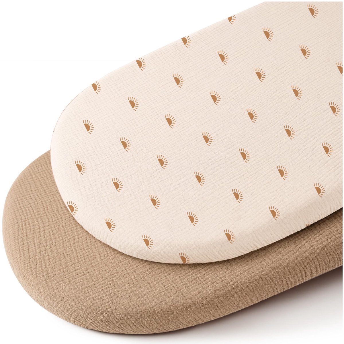 Hoes voor babynest, set van 2 stuks, rekbare omslaghoes van katoen gaas, past voor 82 × 41 cm babynest, alleen hoes, nestvulling niet inbegrepen，Rekbare gaas‑katoen hoes voor babynest，Lichtbruin + Zon
