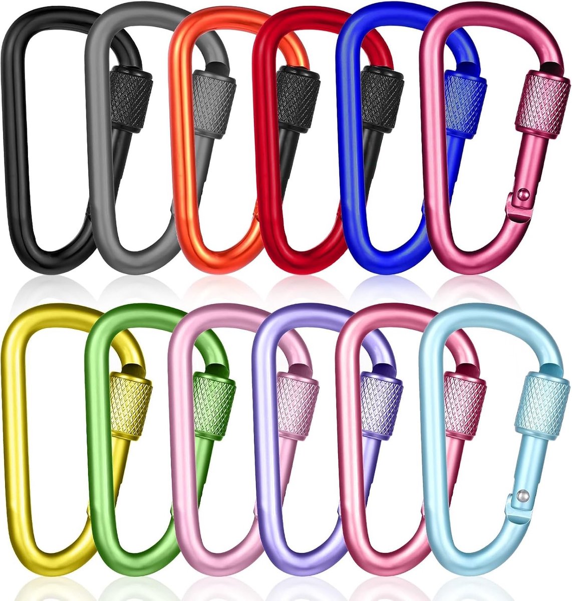 Set van 12 D-vormige Carabiners met Schroefsluiting, Ideaal voor Outdoor Activiteiten, Kamperen en Hiken, Multicolor Clips voor Sportaccessoires