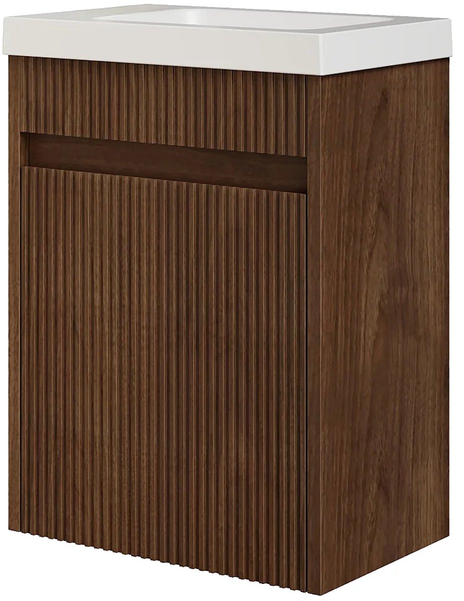 Vente-unique Wandgemonteerd badmeubel met gegroefde essenhouten afwerking en matwitte harswastafel - Donker naturel - 40 x 25,5 x 54 cm - DROVI
